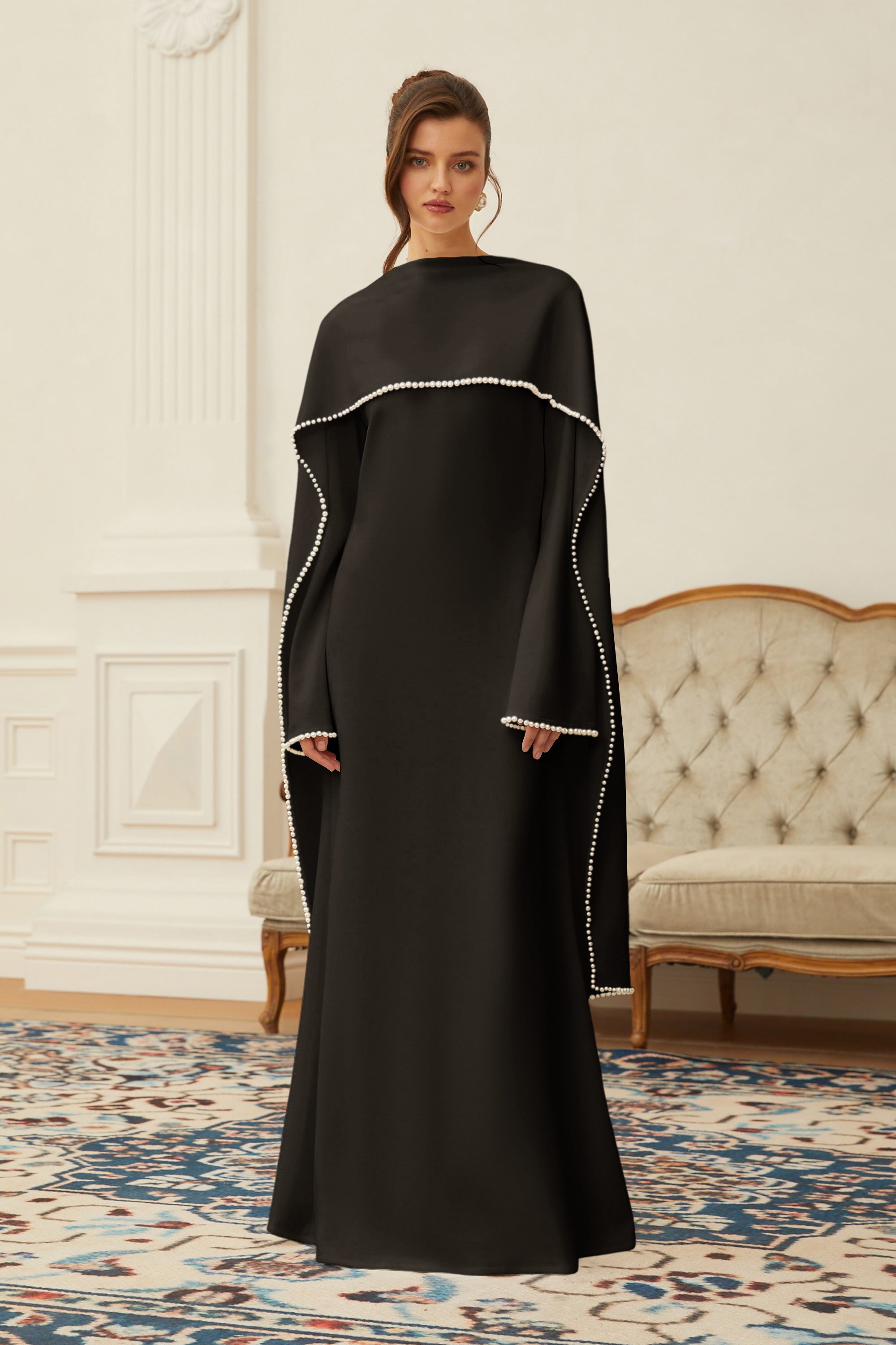 Pearl Trim Shawl Detail Maxi Dress