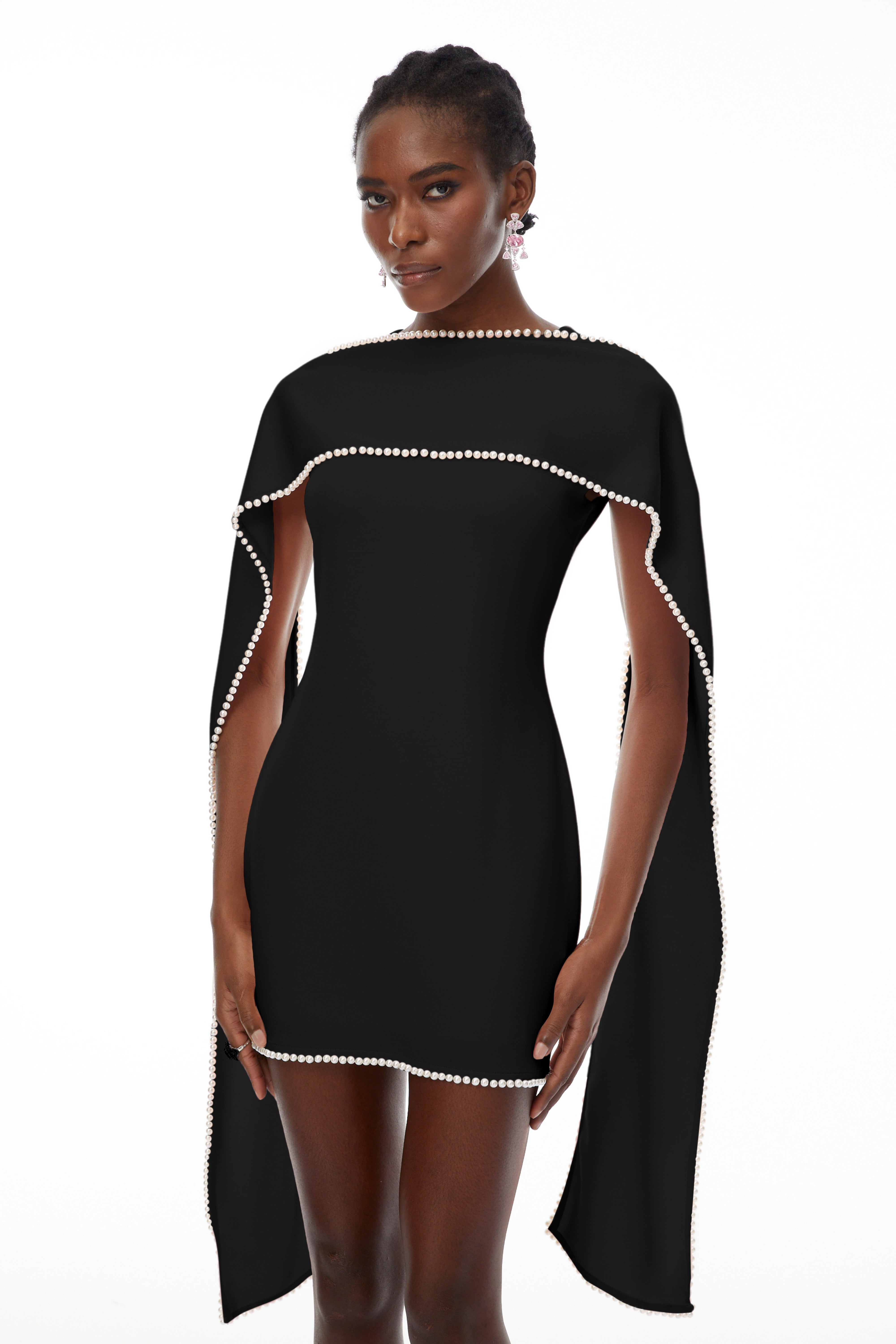 Piroska Black Sleeveless Pearl Trim Mini Dress