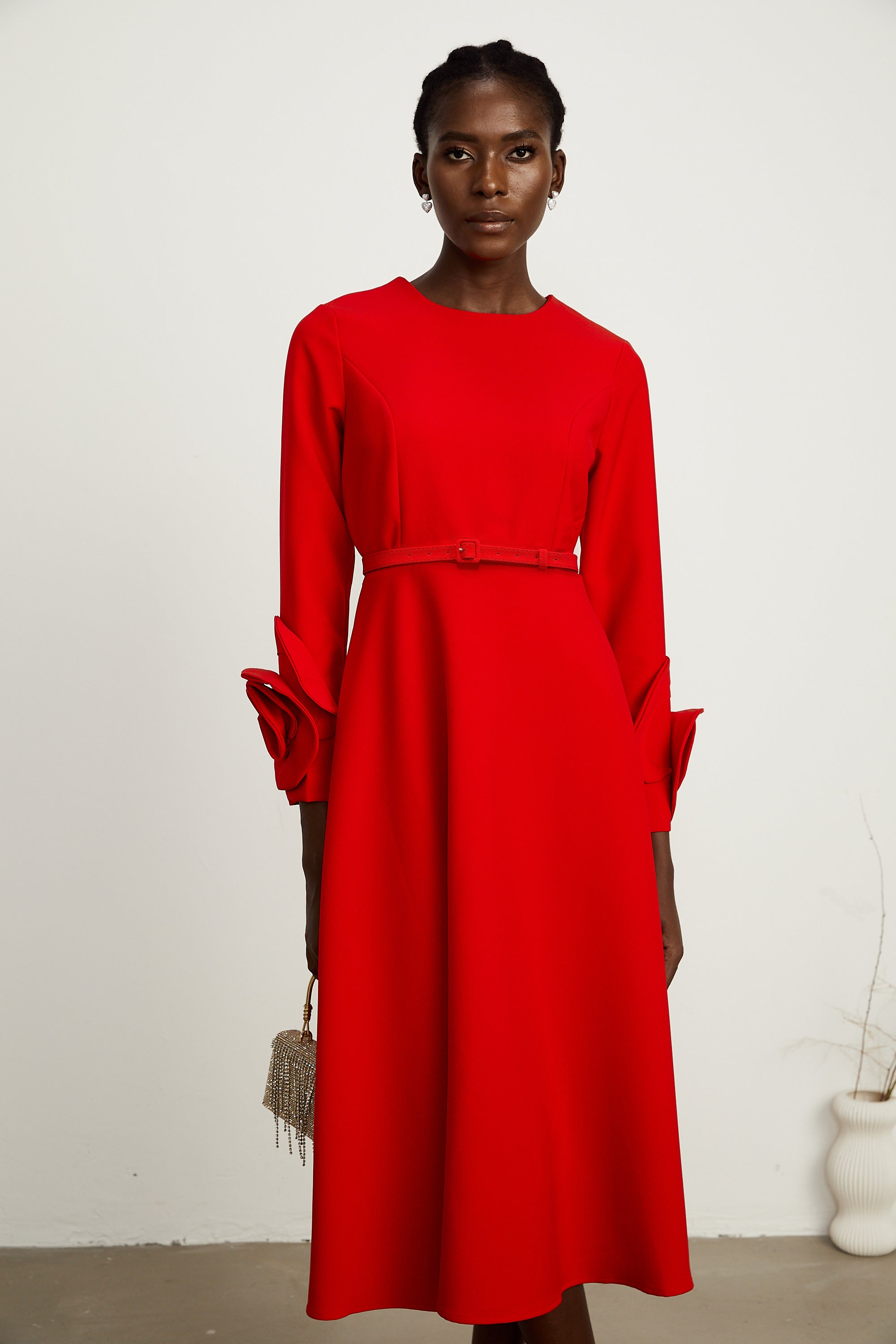 Elysia floral-embellished red long-sleeve dress