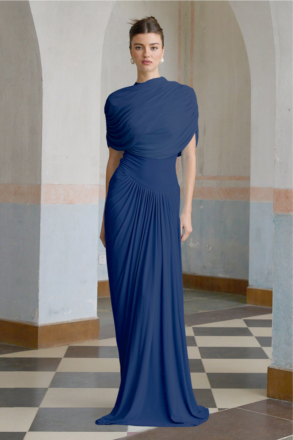 Catherine Navy-Blue Asymmetrical Pleated Long-Sleeve Maxi Dress