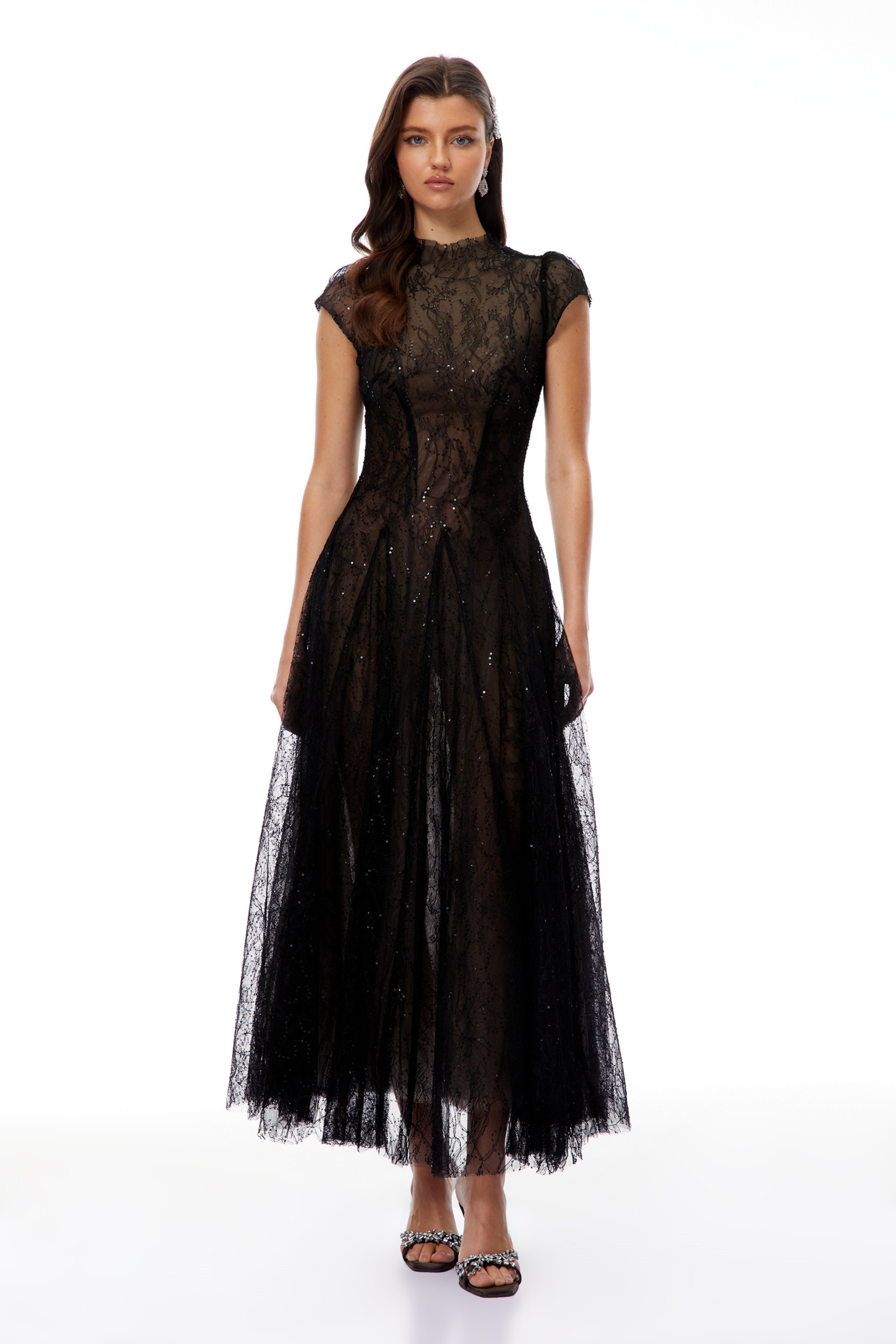 Velia Schwarzes Spitzen-Glitzer-Tüll-Maxikleid