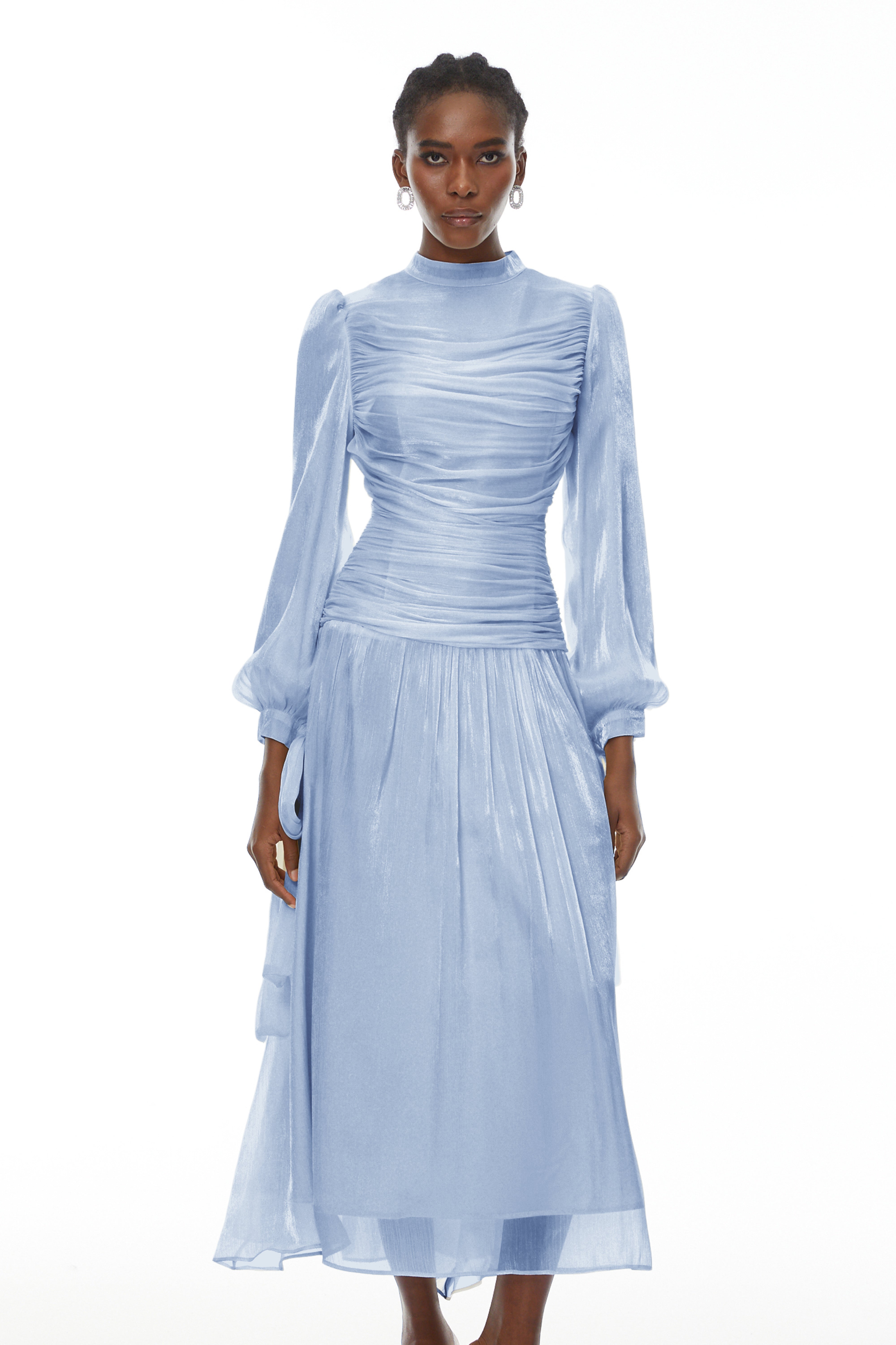 Katrín Blue Glossy Gathered Maxi Dress