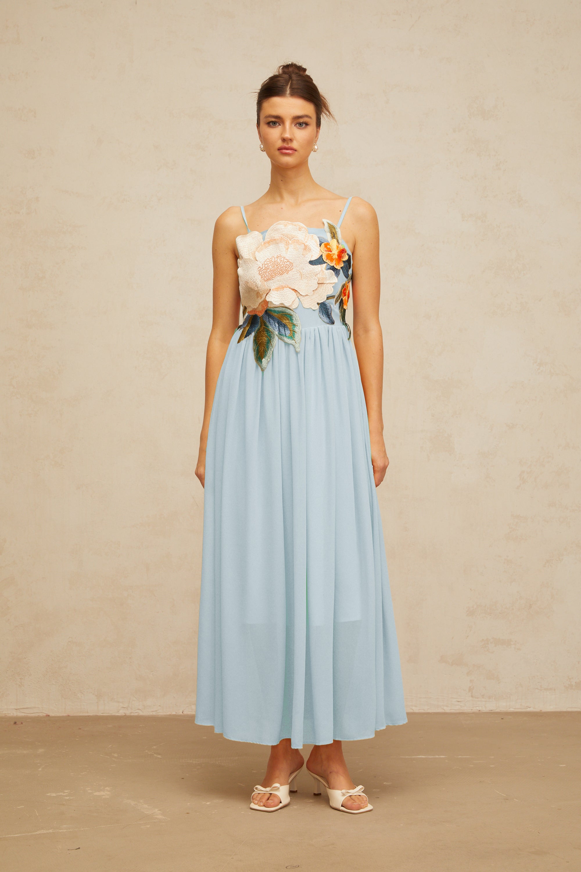 Josette floral-embroidered shirred maxi dress in Blue