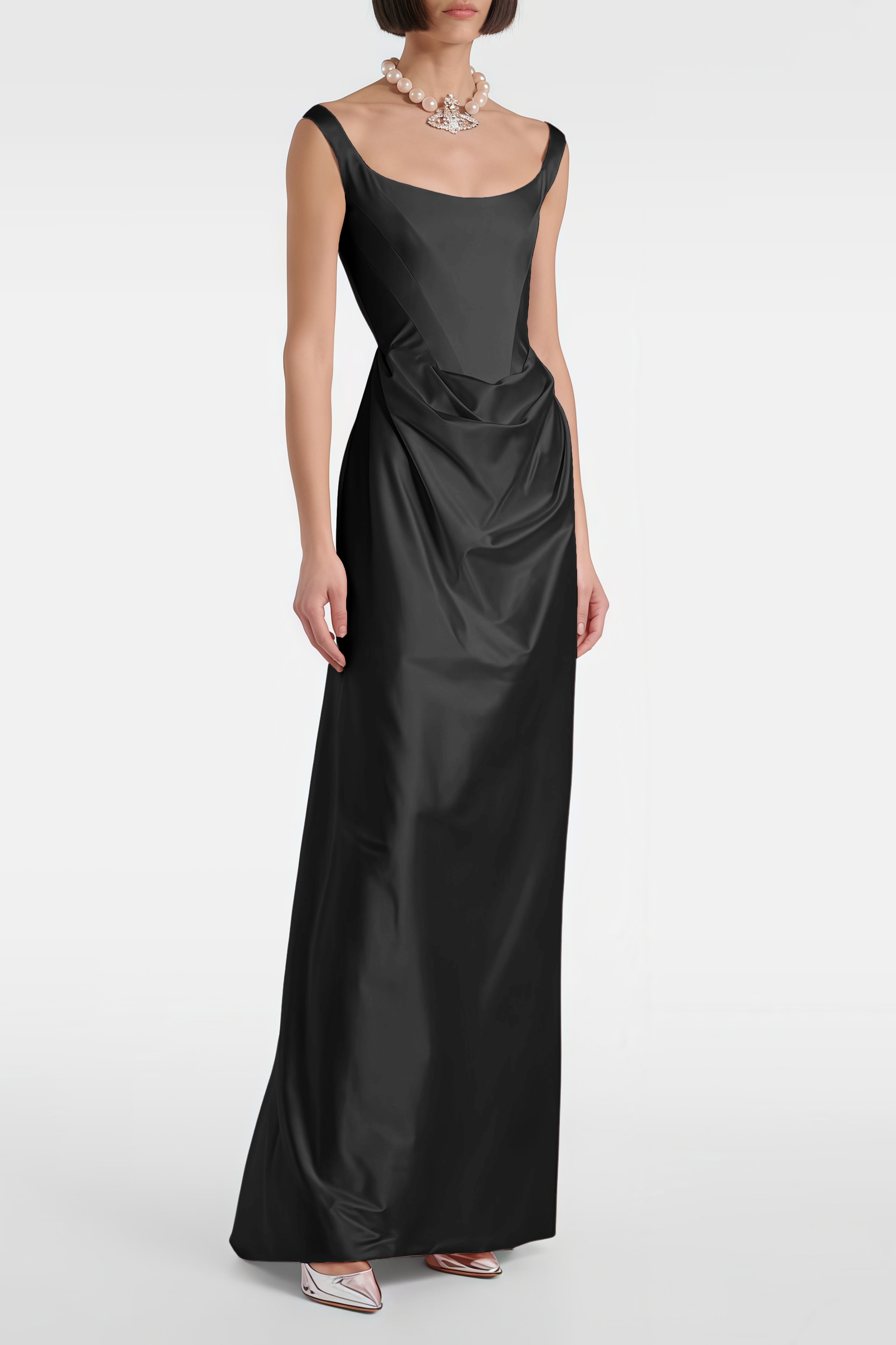 Fiona Schwarzes Satin-Maxikleid mit eckigem Ausschnitt
