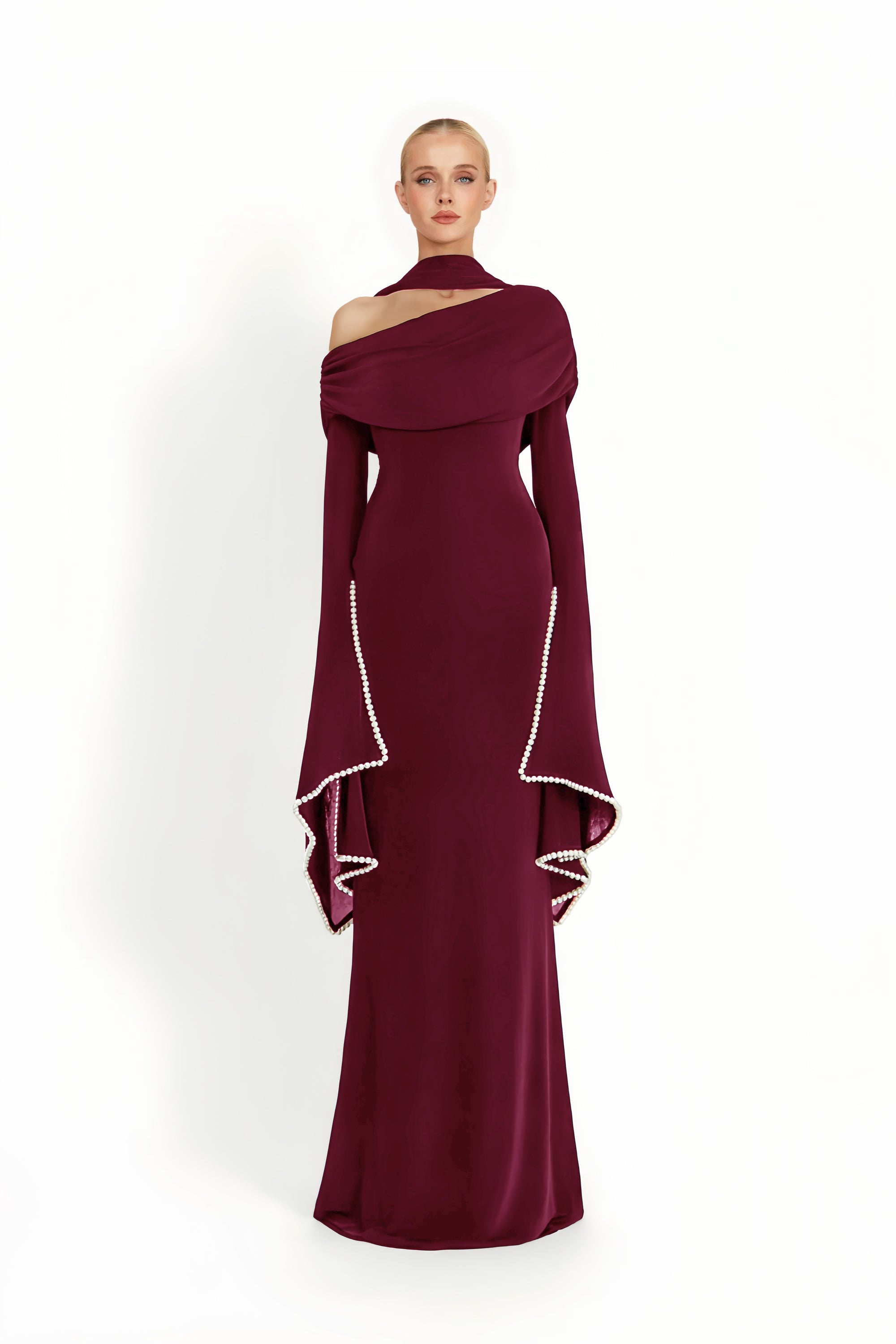 فستان ماكسي سيمونا أسود بكتف واحد وحواف لؤلؤية