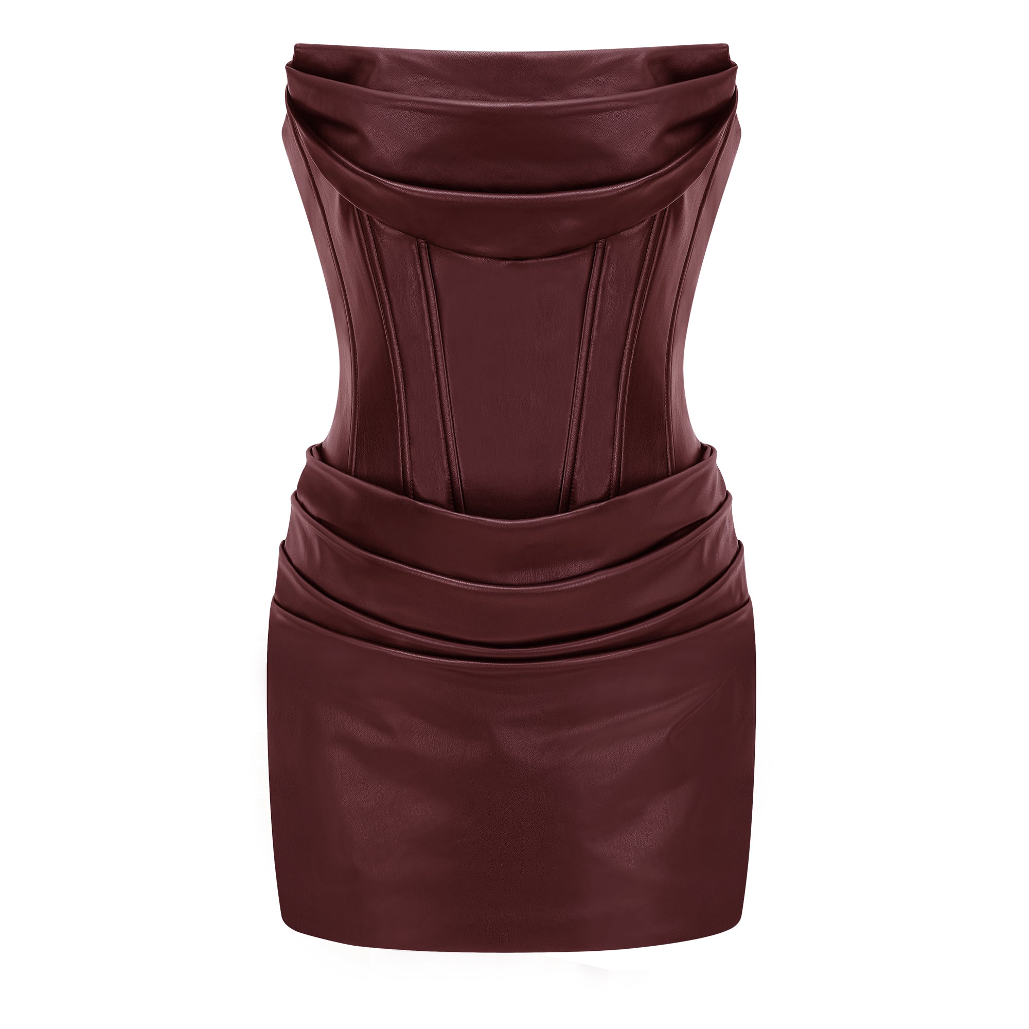 Agnes Brown Ruched Leather Bodycon Mini Dress