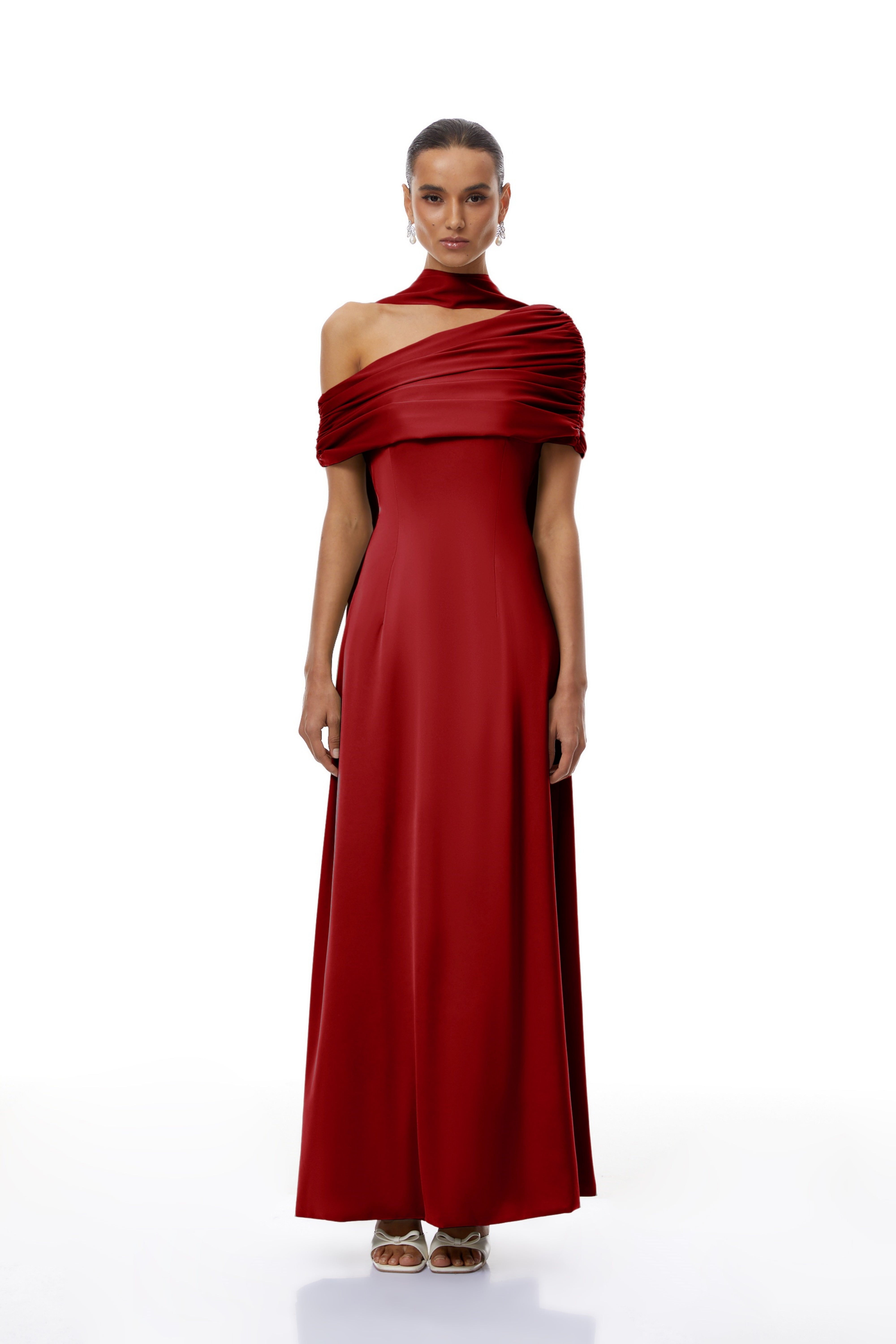 Red One-shoulder Satin Maxi Dress