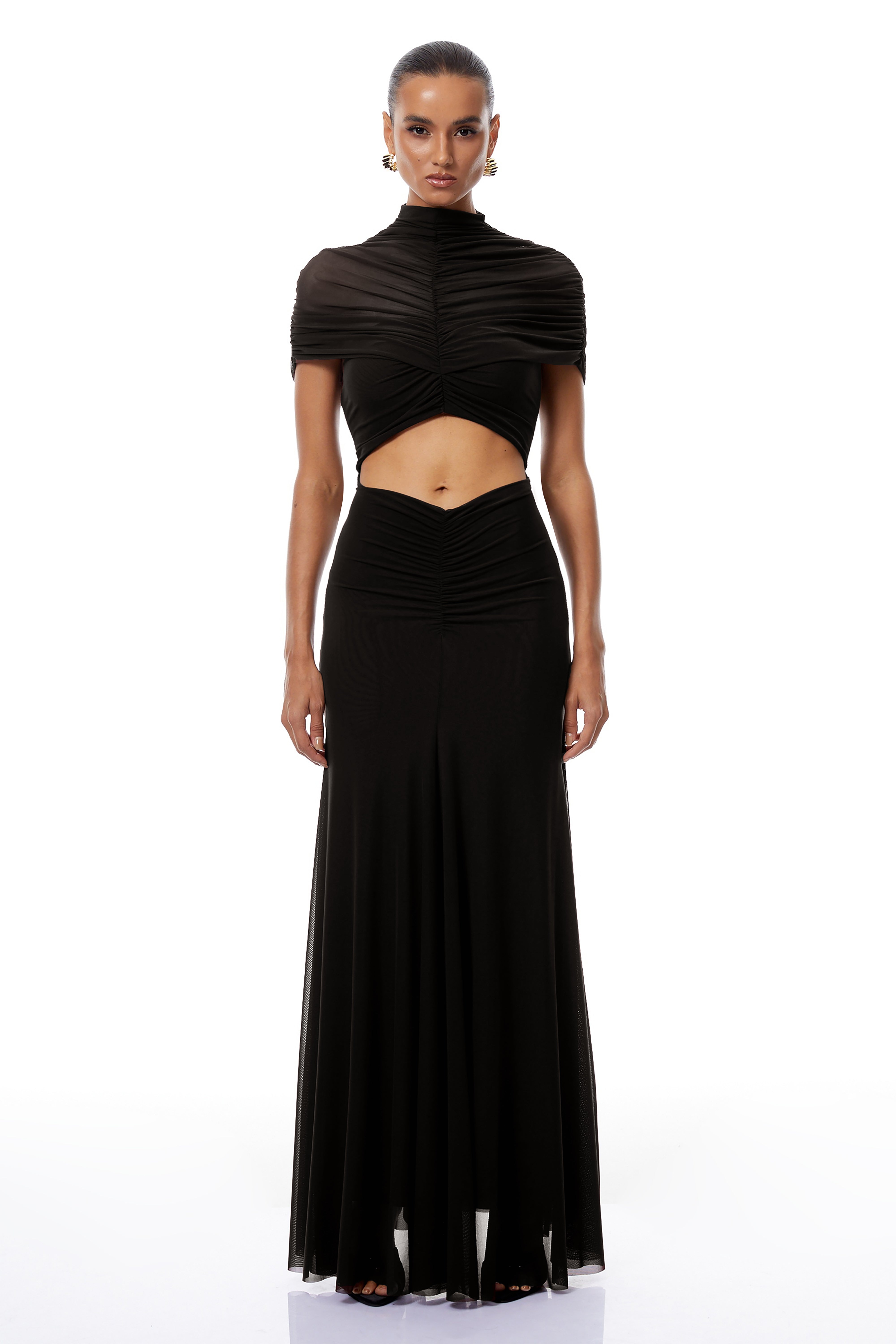 Bruna Cut-Out Ruched Mesh Maxi Dress