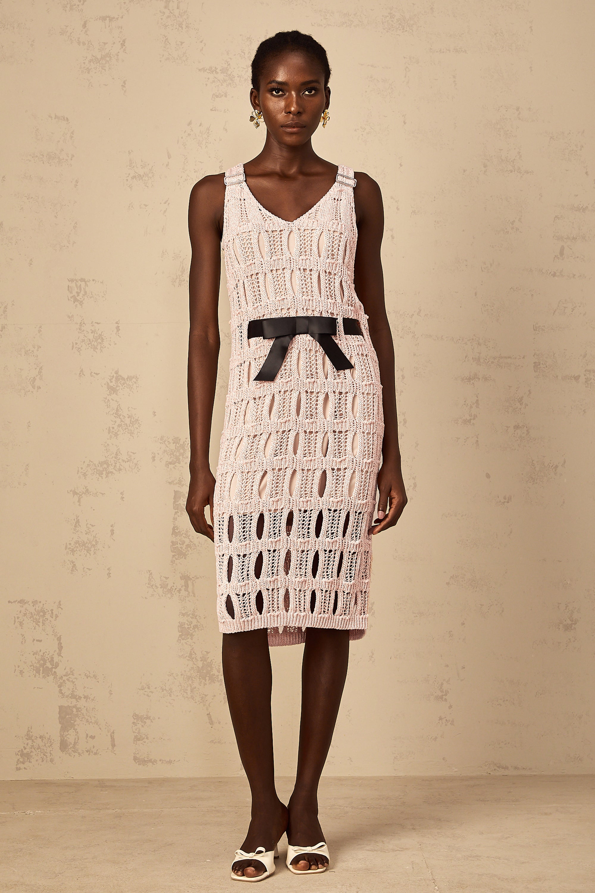 Elodie pink bowknot crochet-knit midi dress