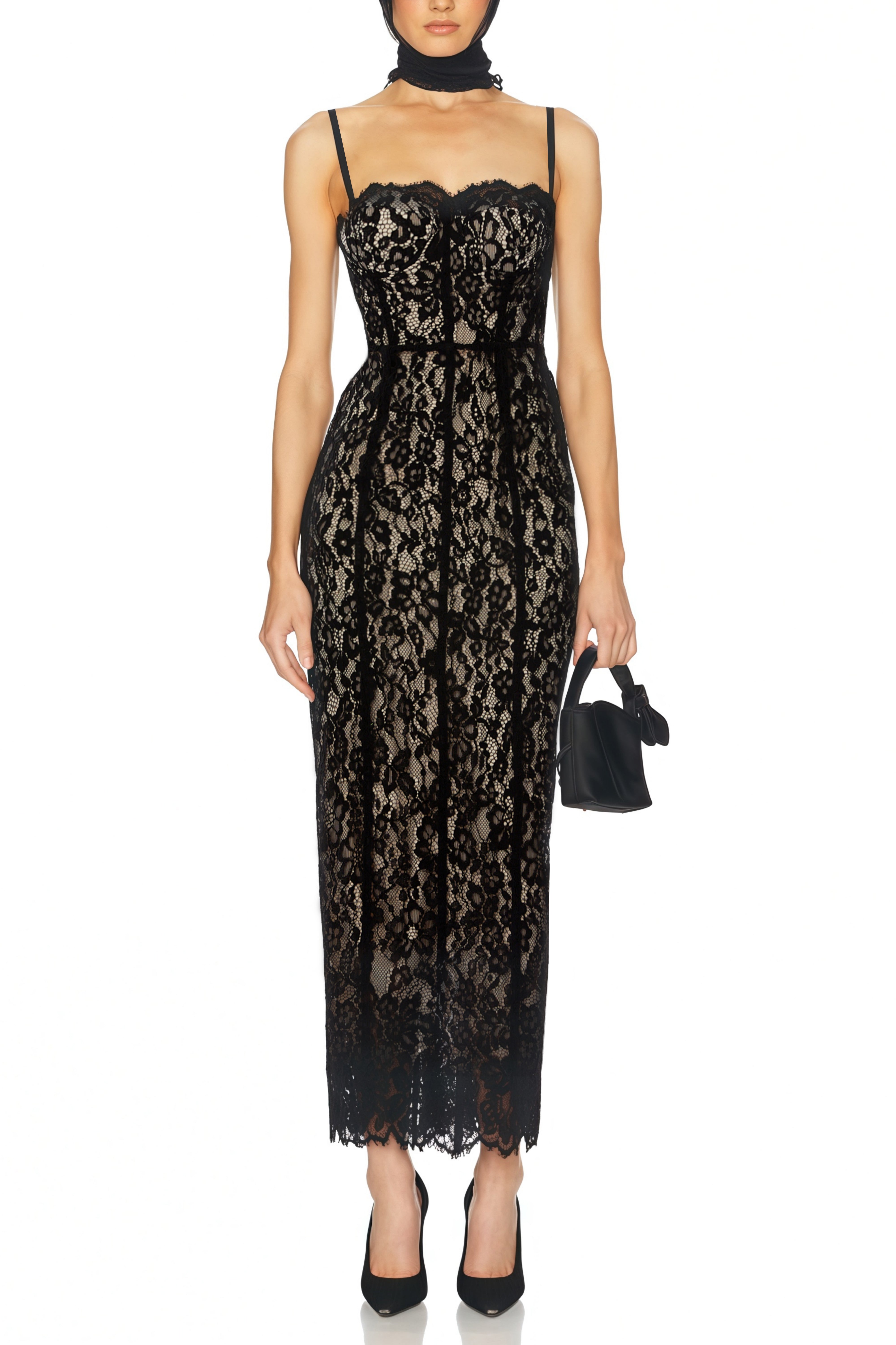 Giorgia Schwarzes Maxikleid mit floraler Spitze und Korsett