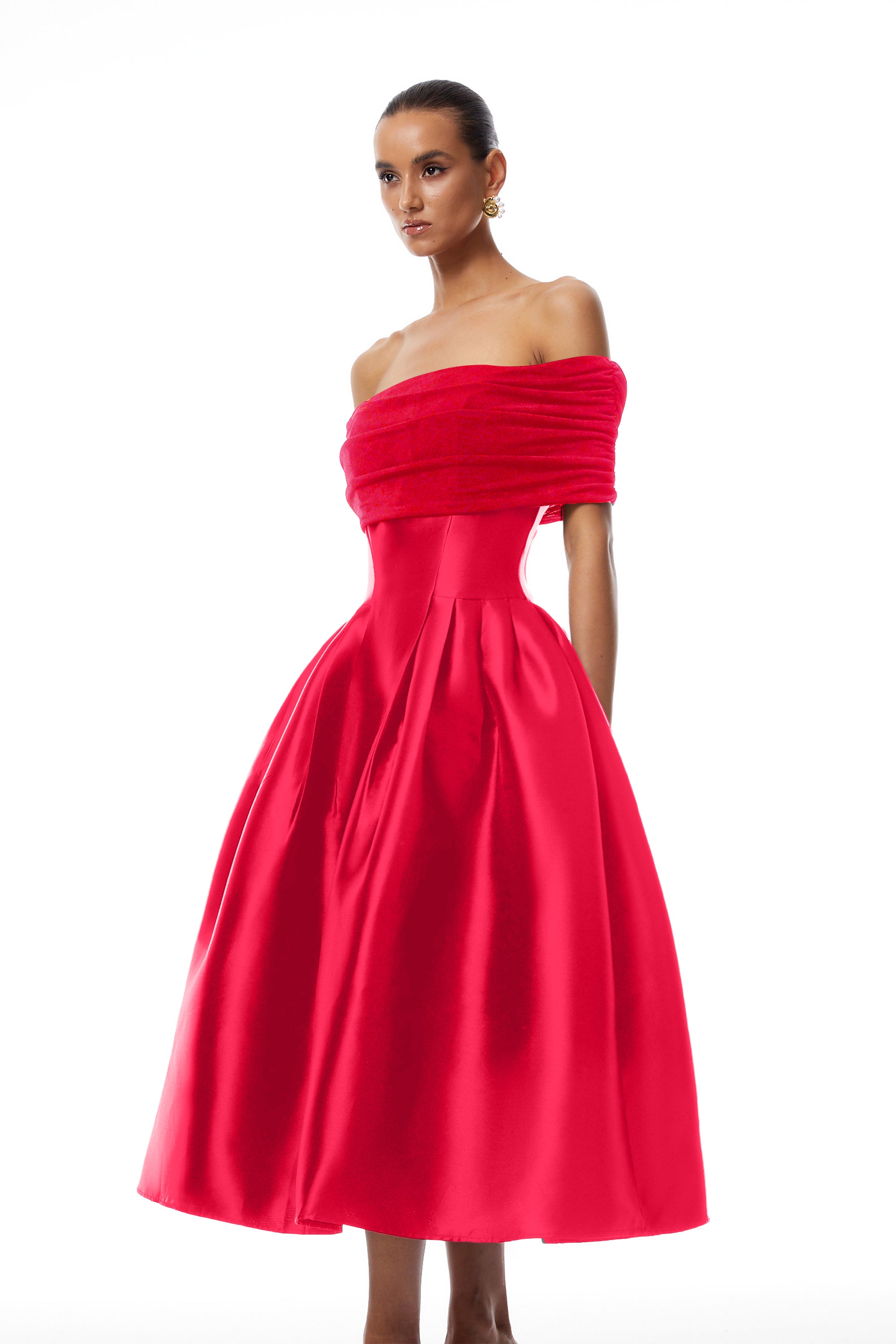 Ainara Red Off Shoulder Polished Midi Dress