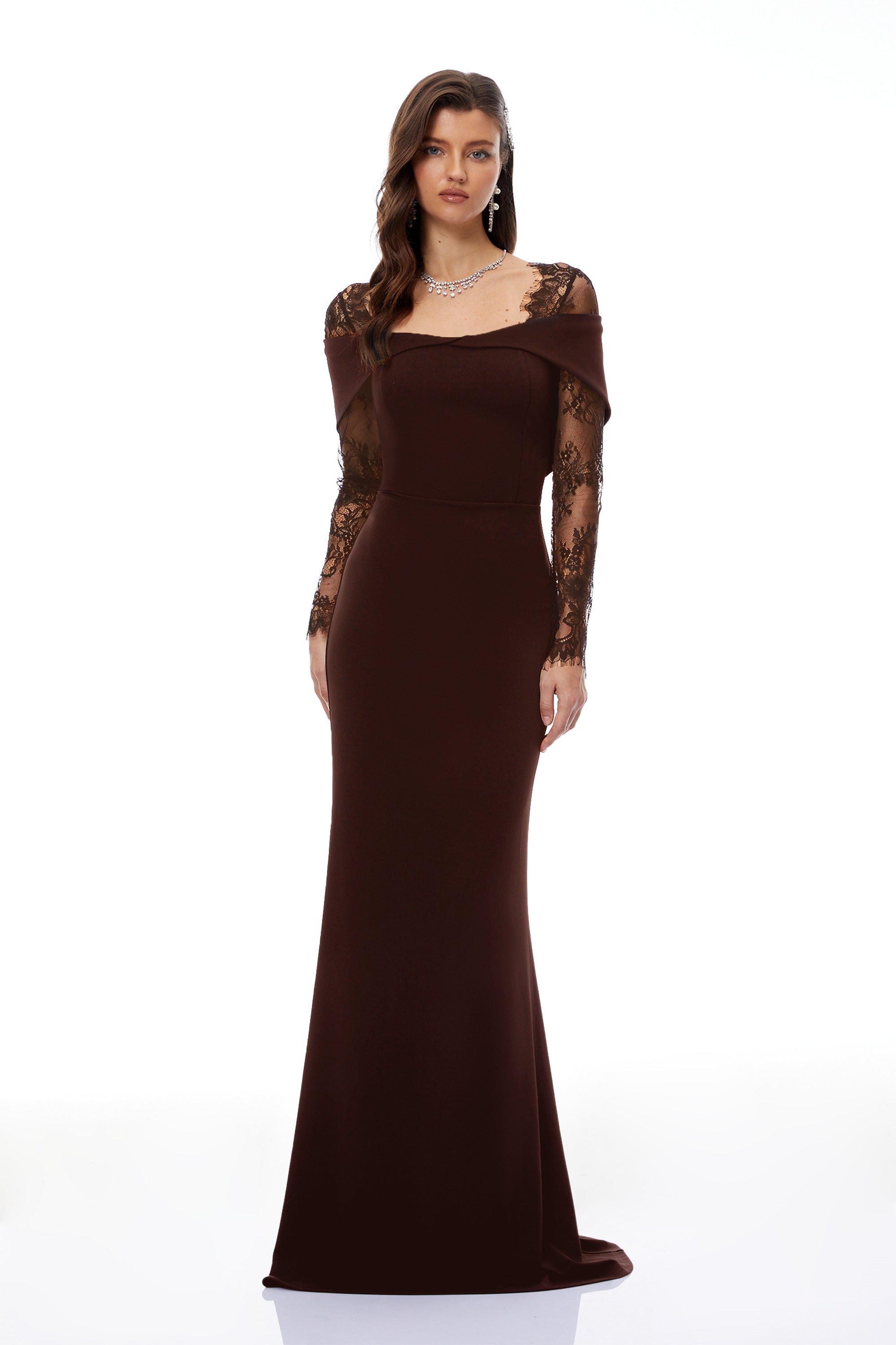 Brown Lace Panel Flared Maxi Gown