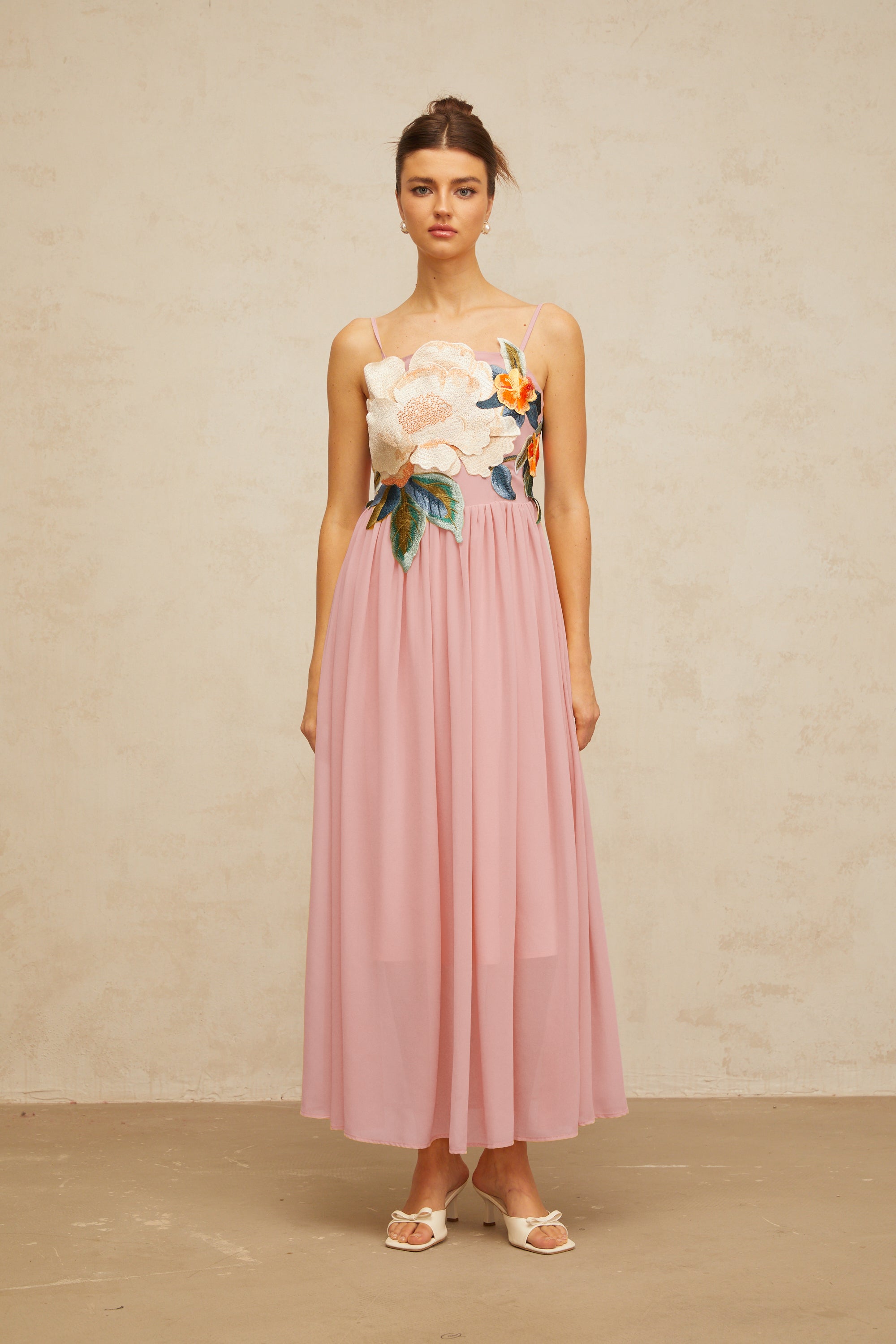 Josette floral-embroidered shirred maxi dress in Pink