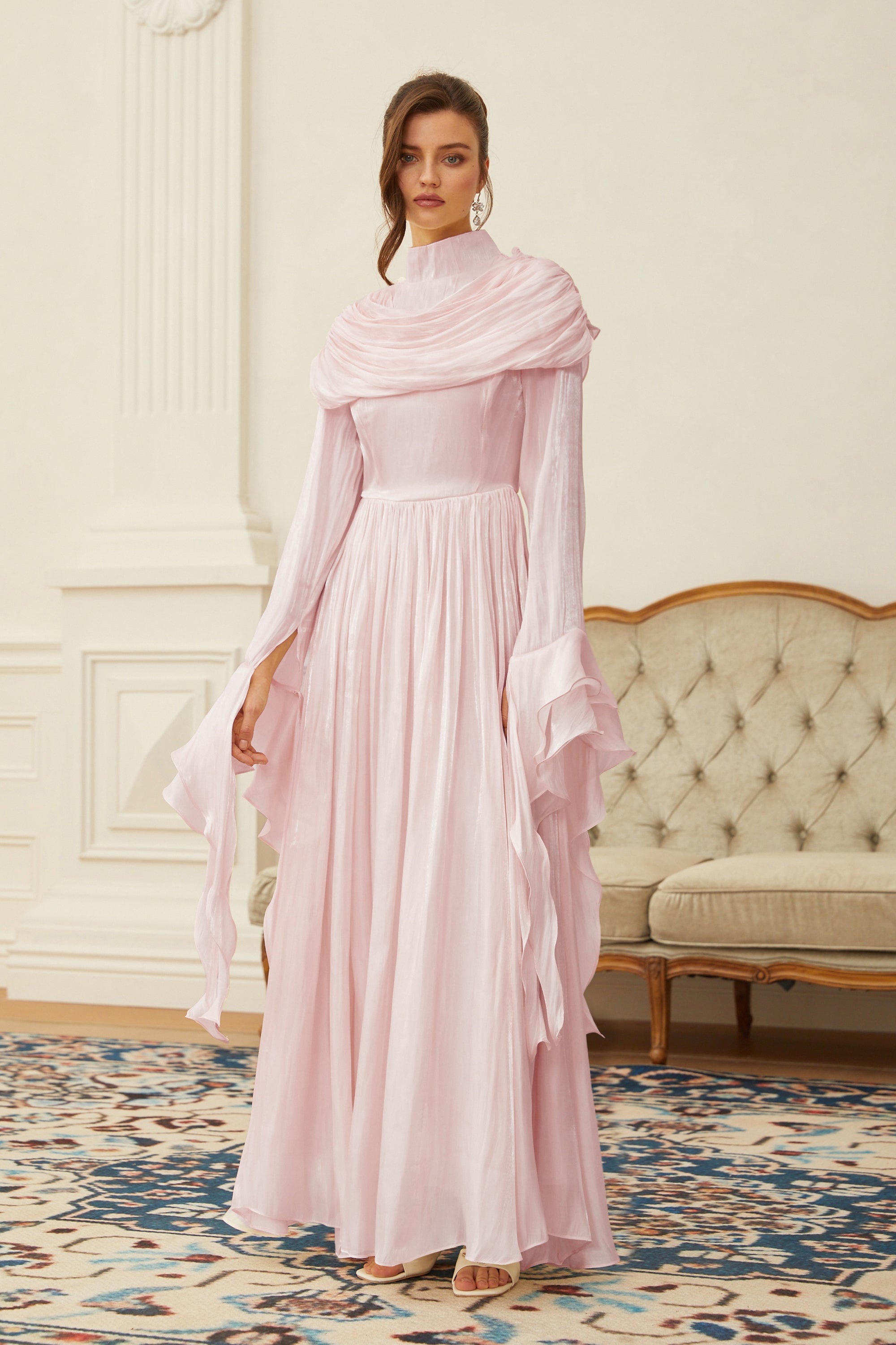 Danuta Pink Ruched Pleated Maxi Dress