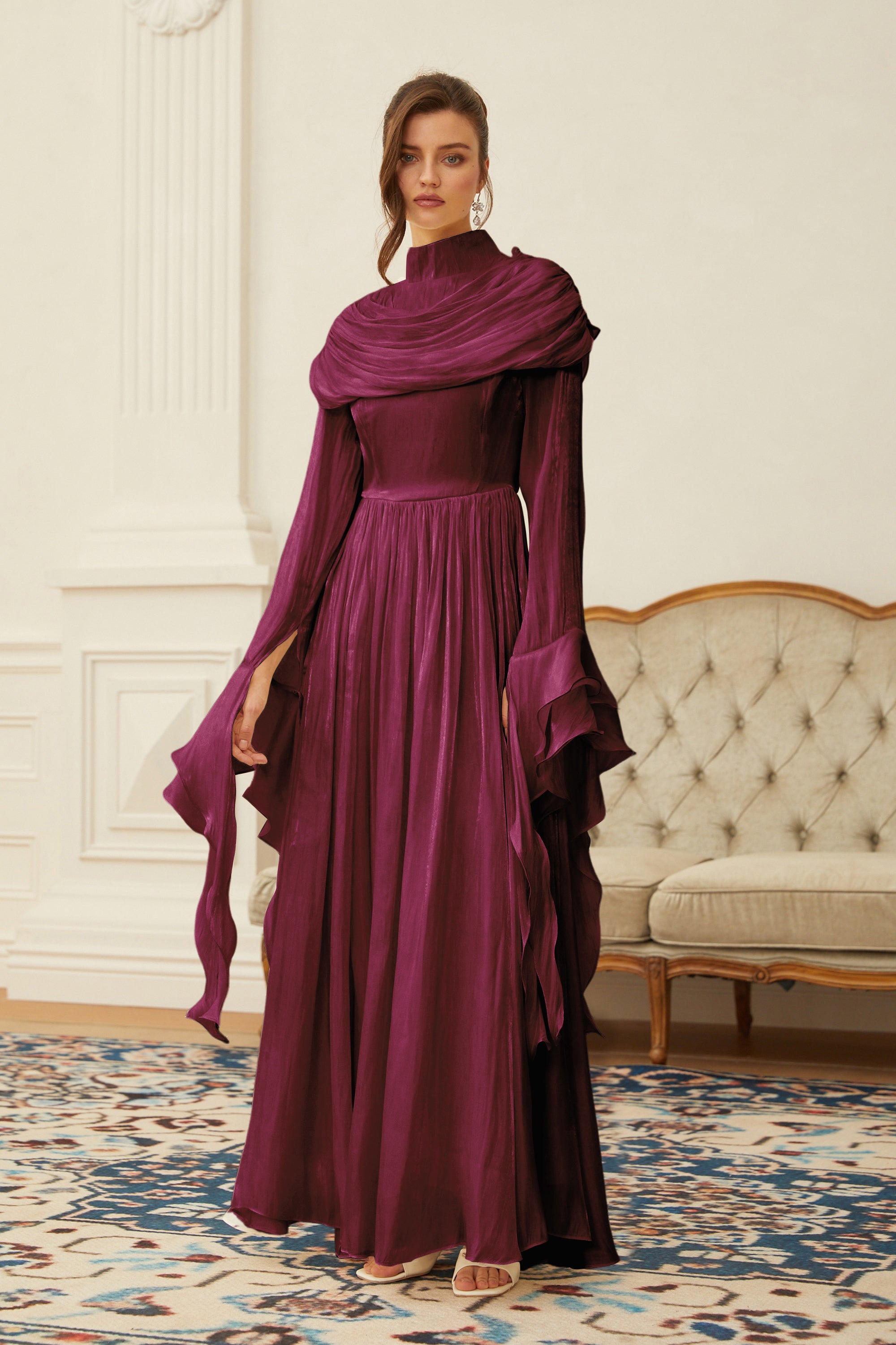 Danuta Burgundy Ruched Pleated Maxi Dress
