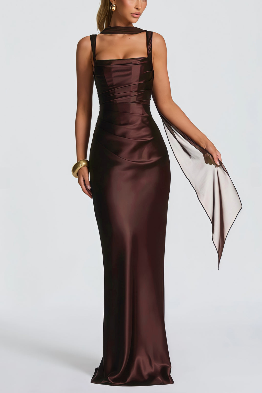 Inmaculada Brown Ruched Satin Maxi Dress (Without Gloves), XS / Brown