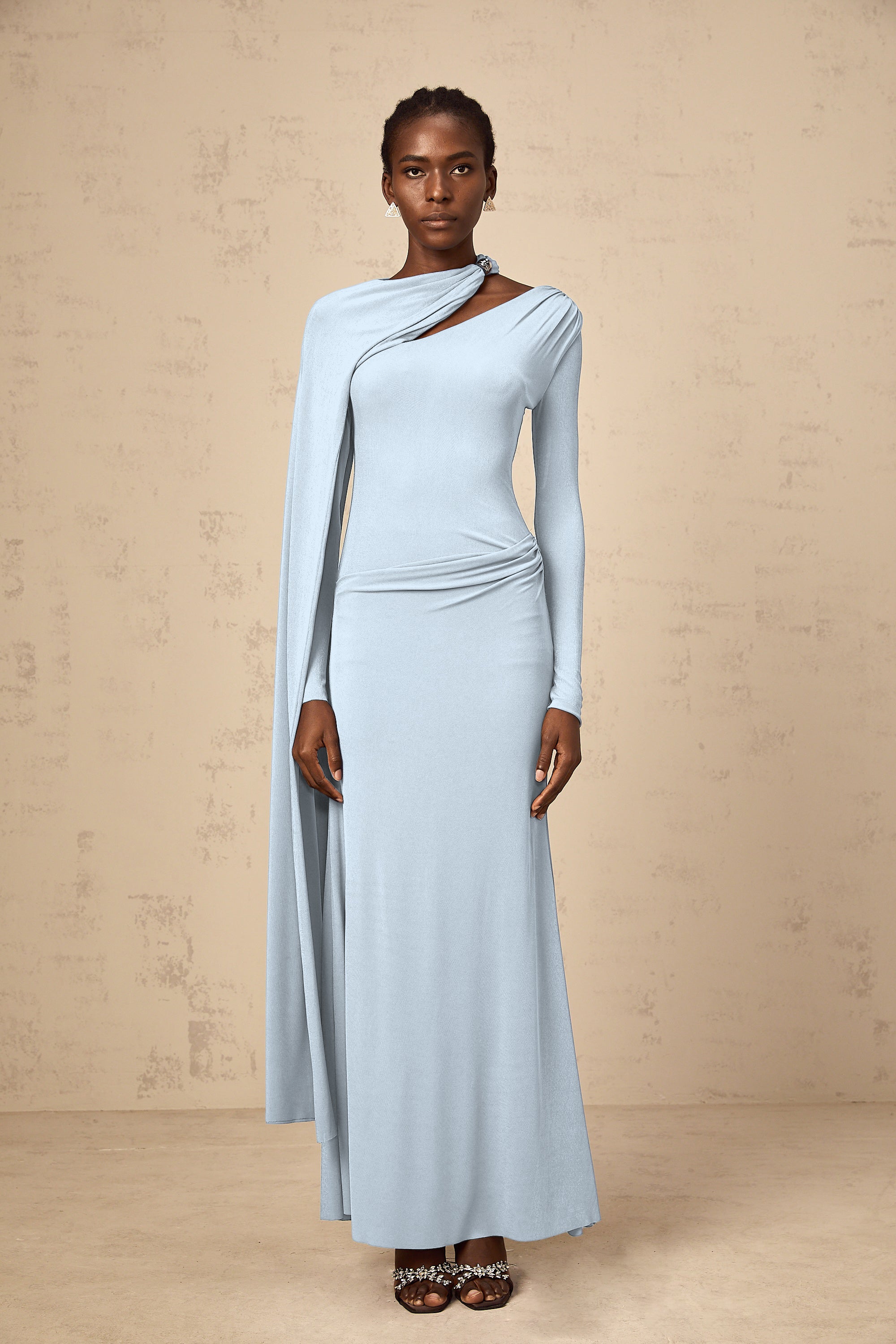 Josette Blue Diagonal Shawl Fitted Maxi Dress