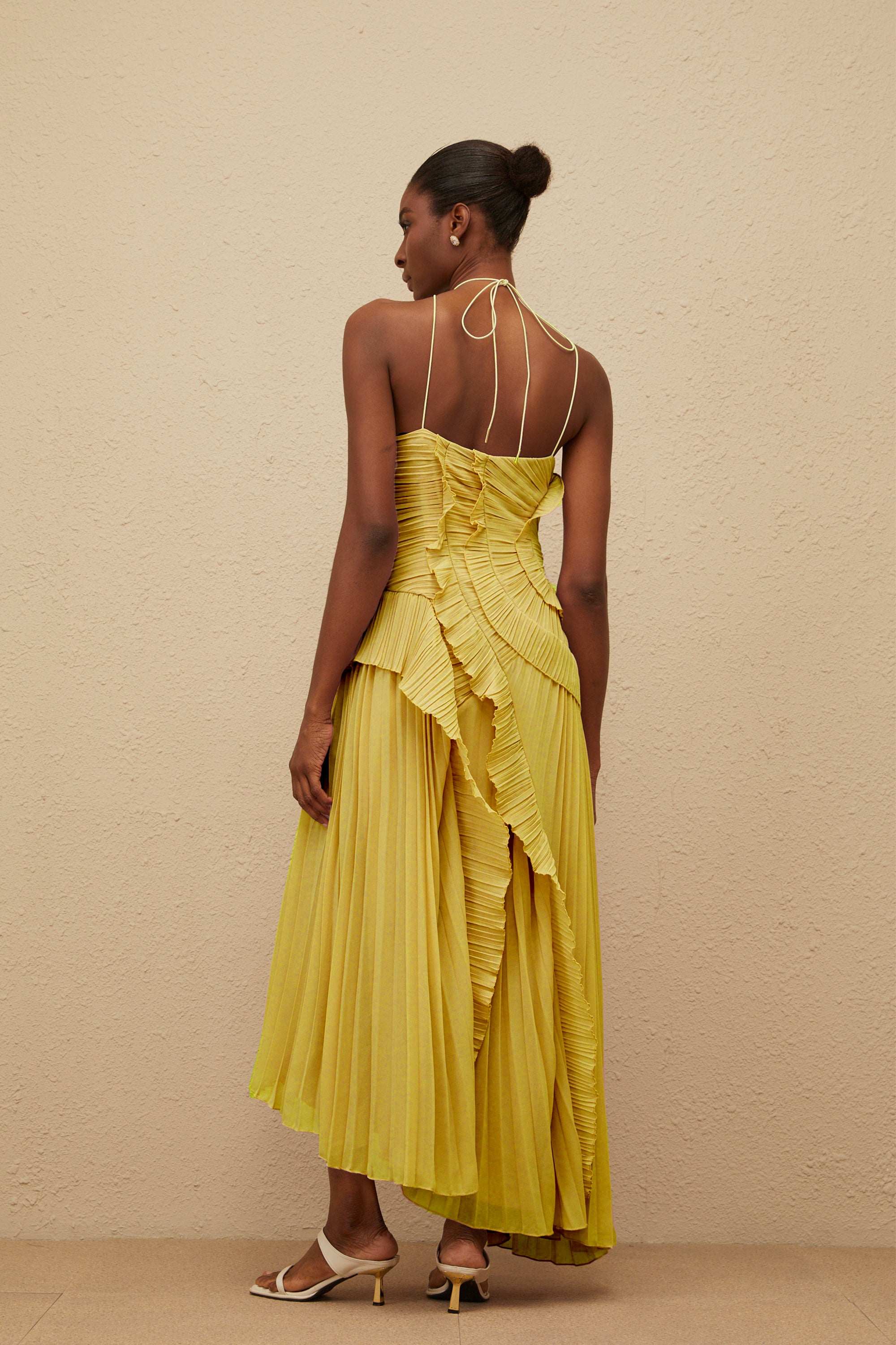 Doux Yellow Ruffled Trim Pleated Midi Dress