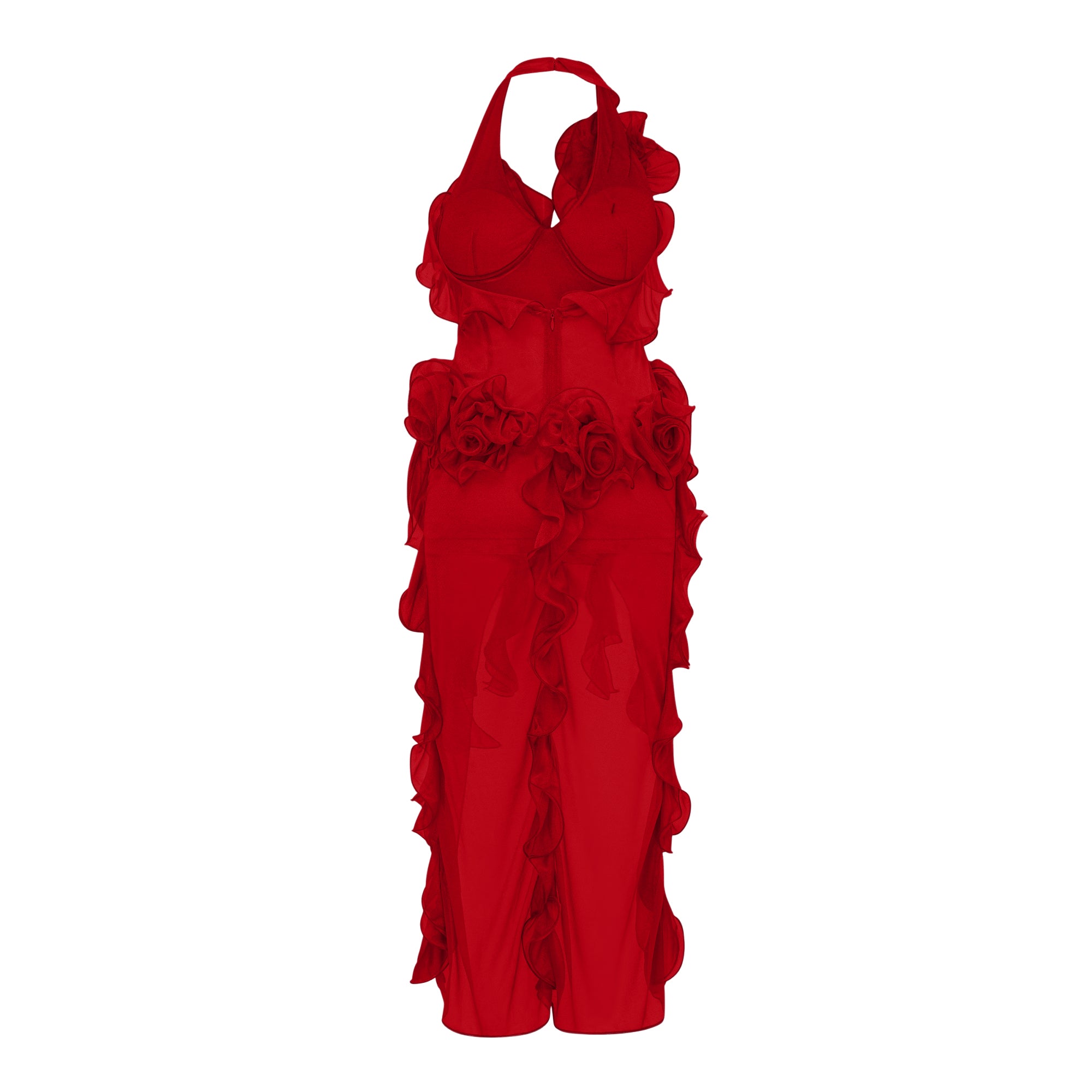 فستان ميني زهري بأكمام مكشكشة غير متماثلة من هانابيلا، أحمر.