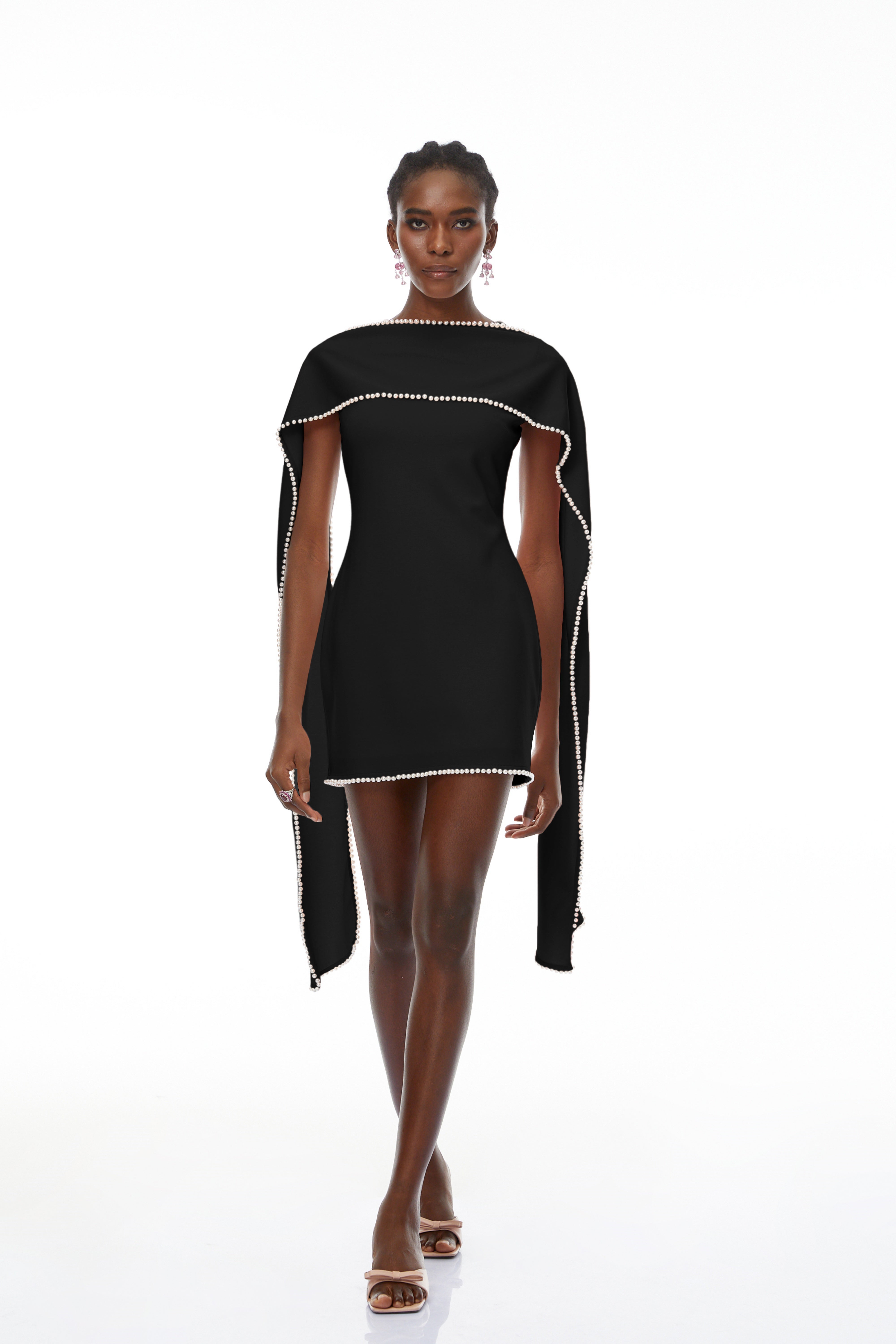 Piroska Black Sleeveless Pearl Trim Mini Dress