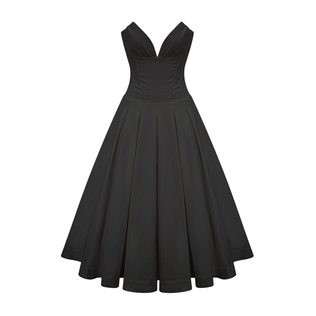 Draped Off Shoulder Corset Midi Dress Black
