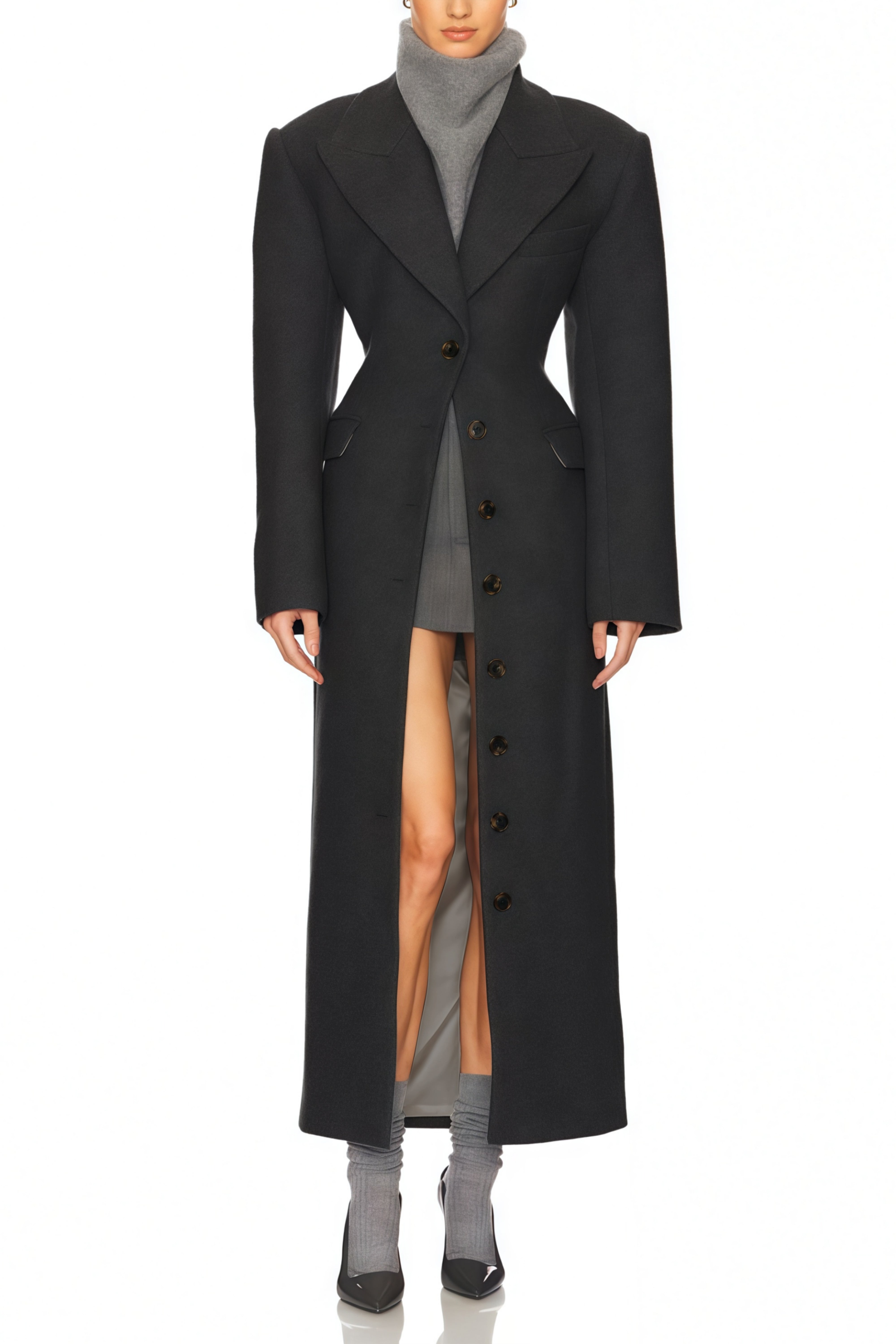 Leire Dark Grey Single-Breasted Tweed Overcoat