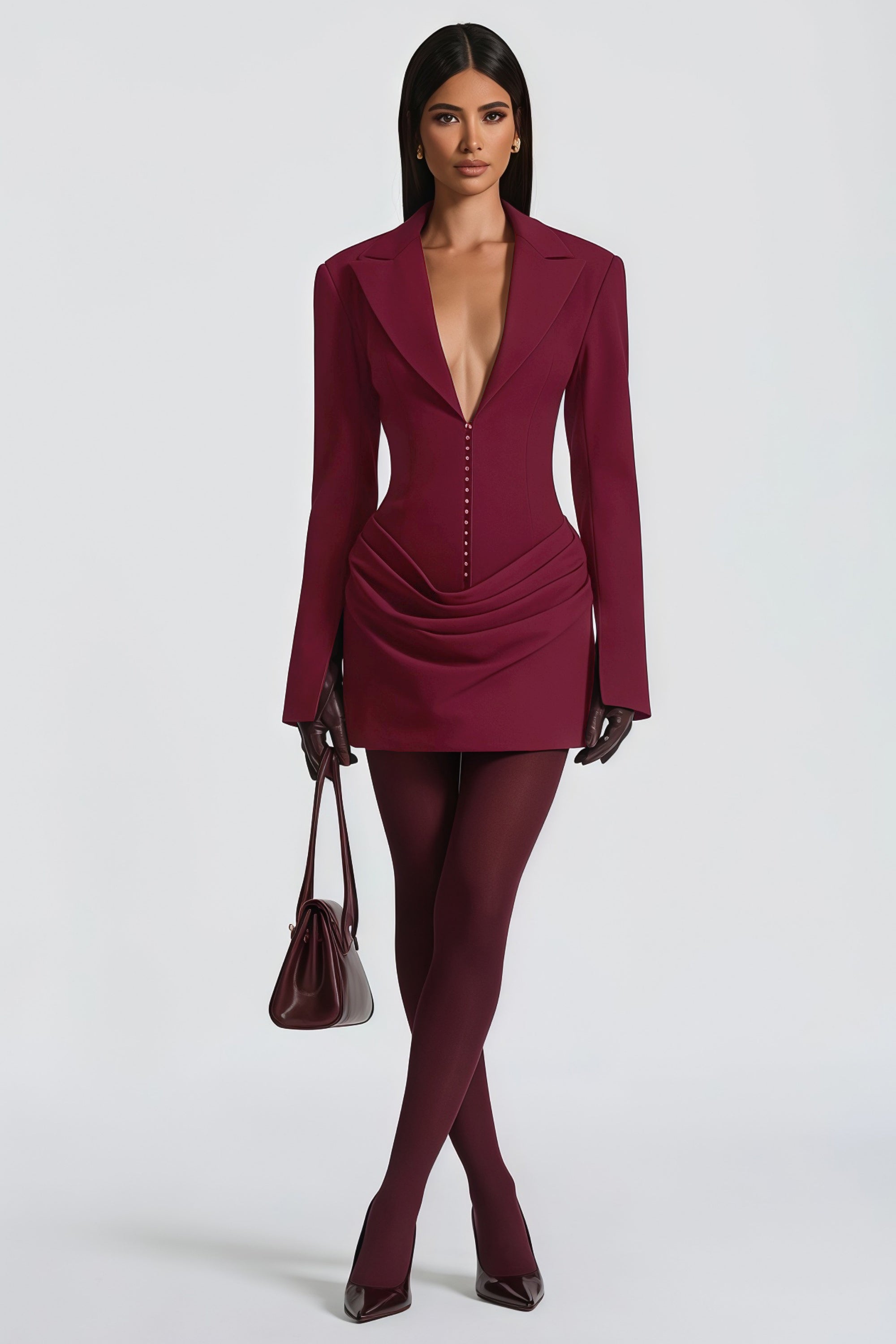 Rosette Burgundy Ruched Blazer Mini Dress