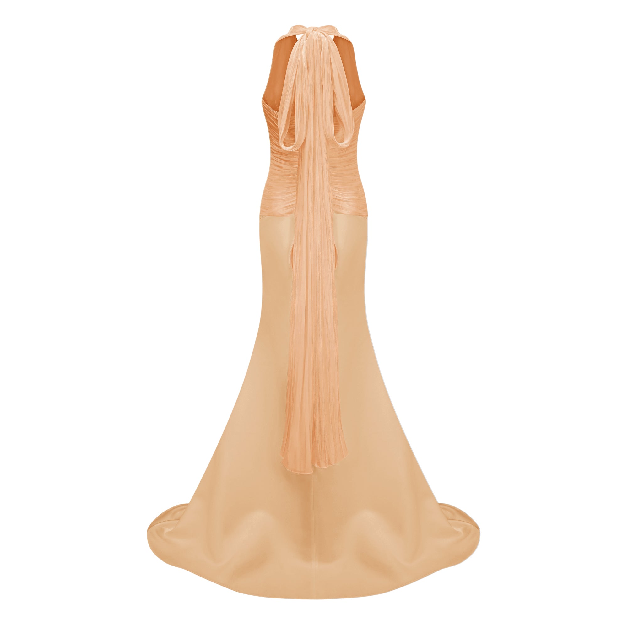 فستان ماكسي طويل برتقالي من إيميلين بتصميم قطار ومجمع الكشكش