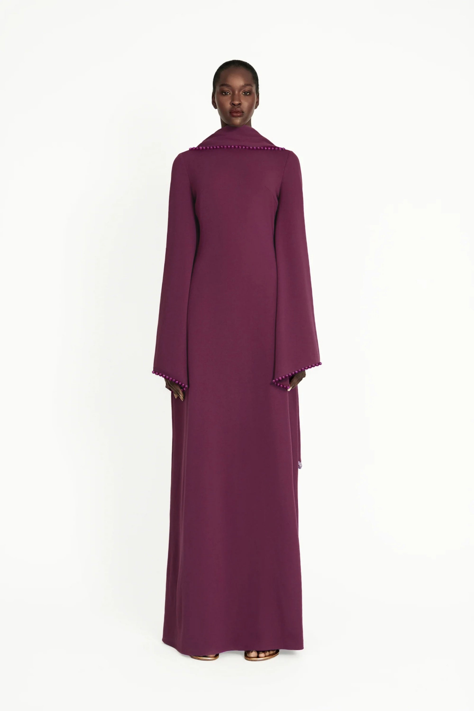 Piroska Purple Pearl Trim Shawl Detail Maxi Dress