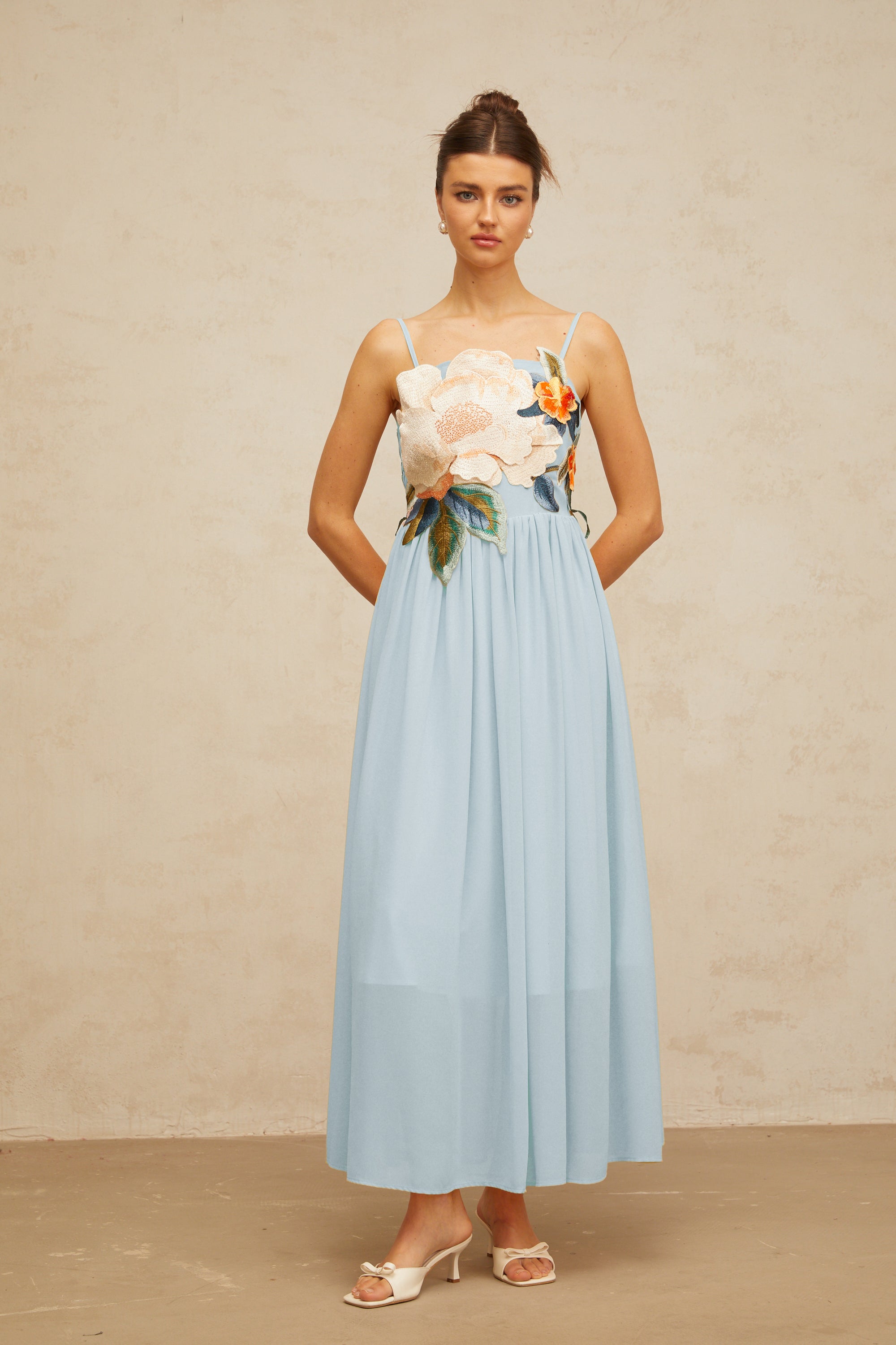 Josette floral-embroidered shirred maxi dress in Blue