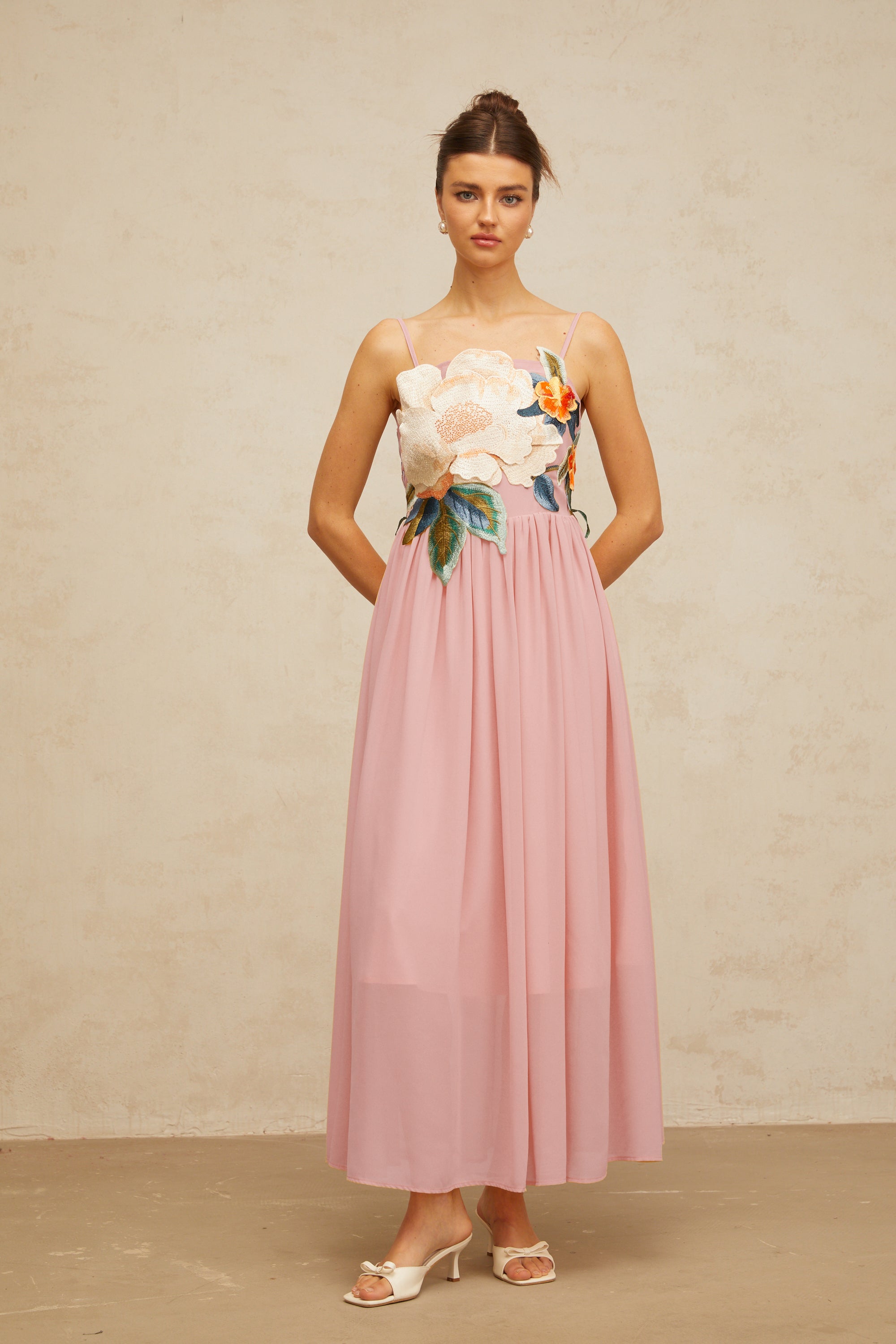 Josette floral-embroidered shirred maxi dress in Pink