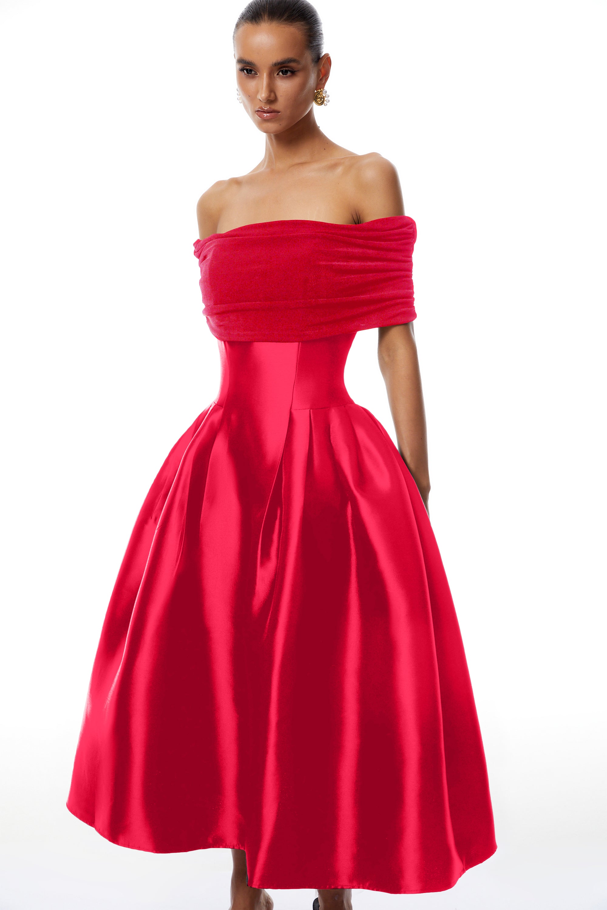 Ainara Red Off Shoulder Polished Midi Dress