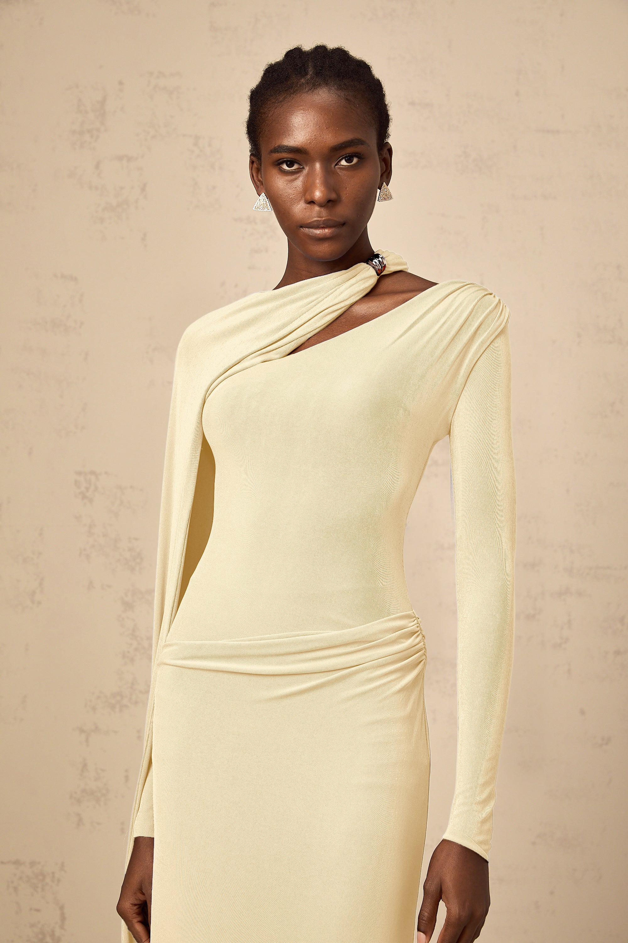 Josette Yellow Diagonal Shawl Fitted Maxi Dress