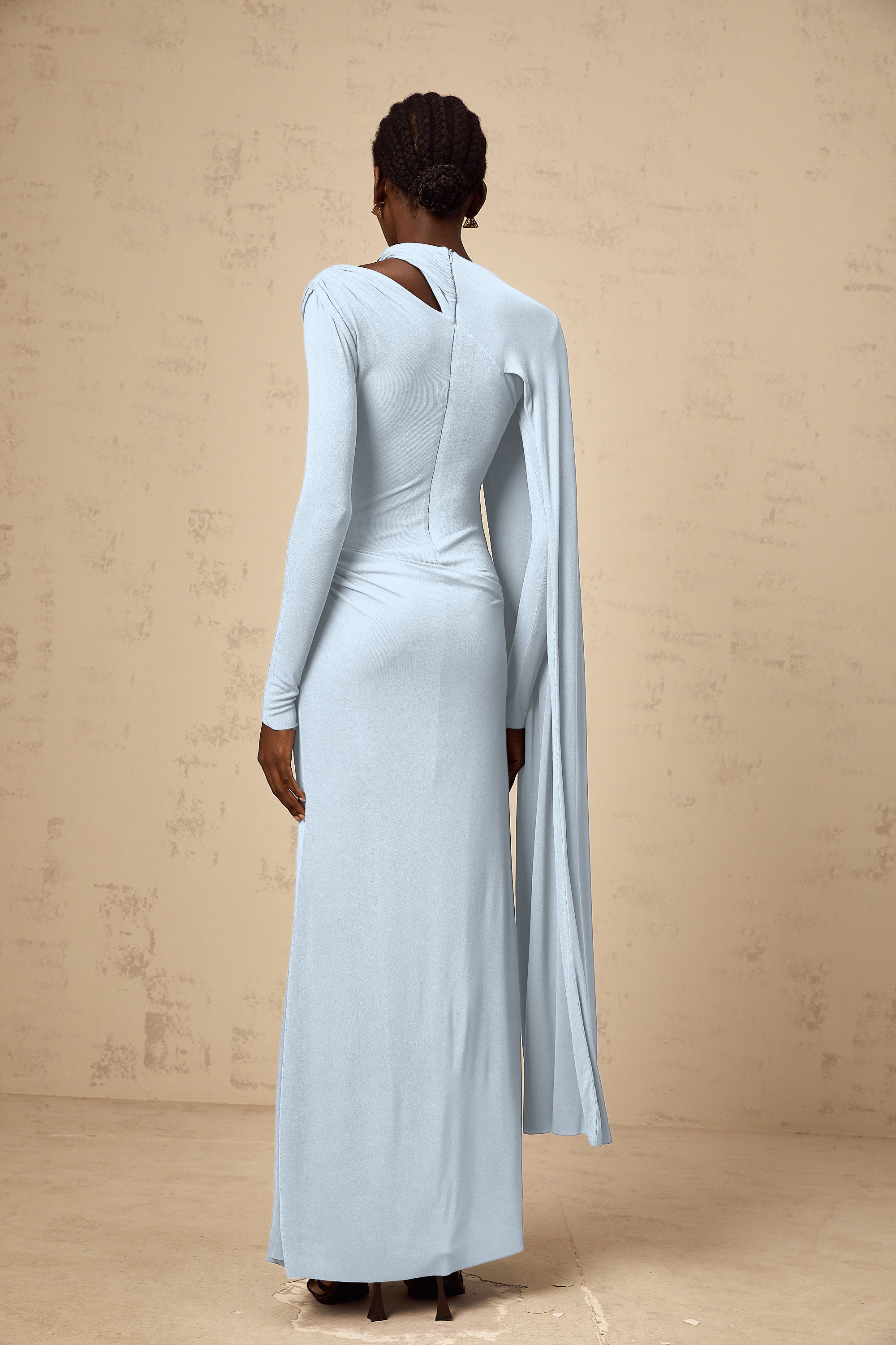 Josette Blue Diagonal Shawl Fitted Maxi Dress