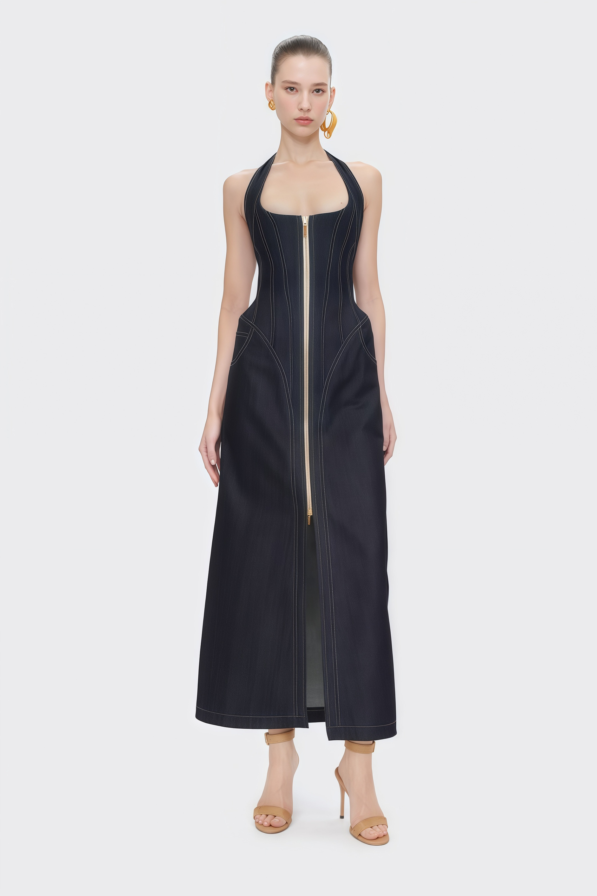 Adrienne black denim front-slit contrast-stitching maxi dress