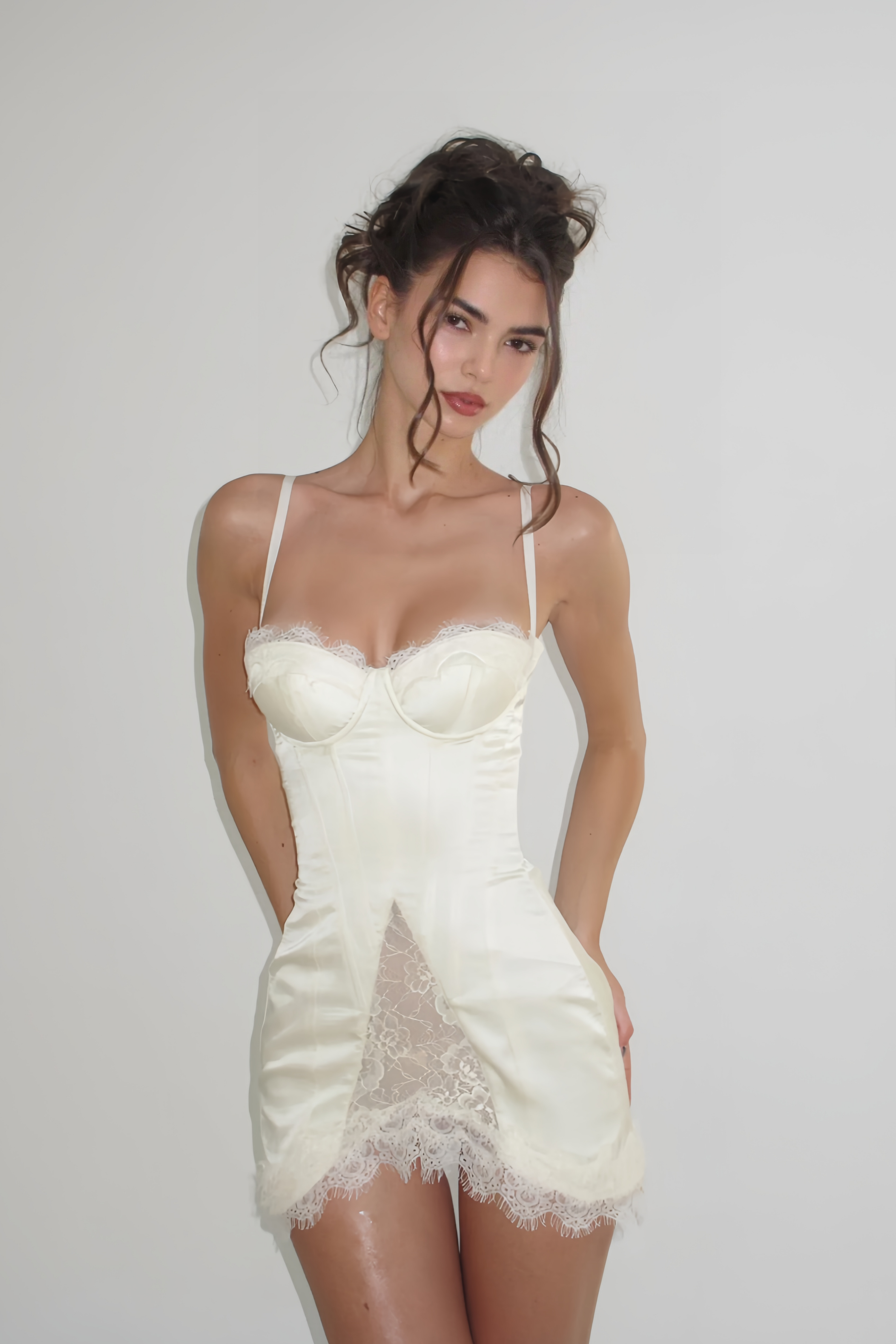 Juliette White Satin Mini Dress with Lace Panels