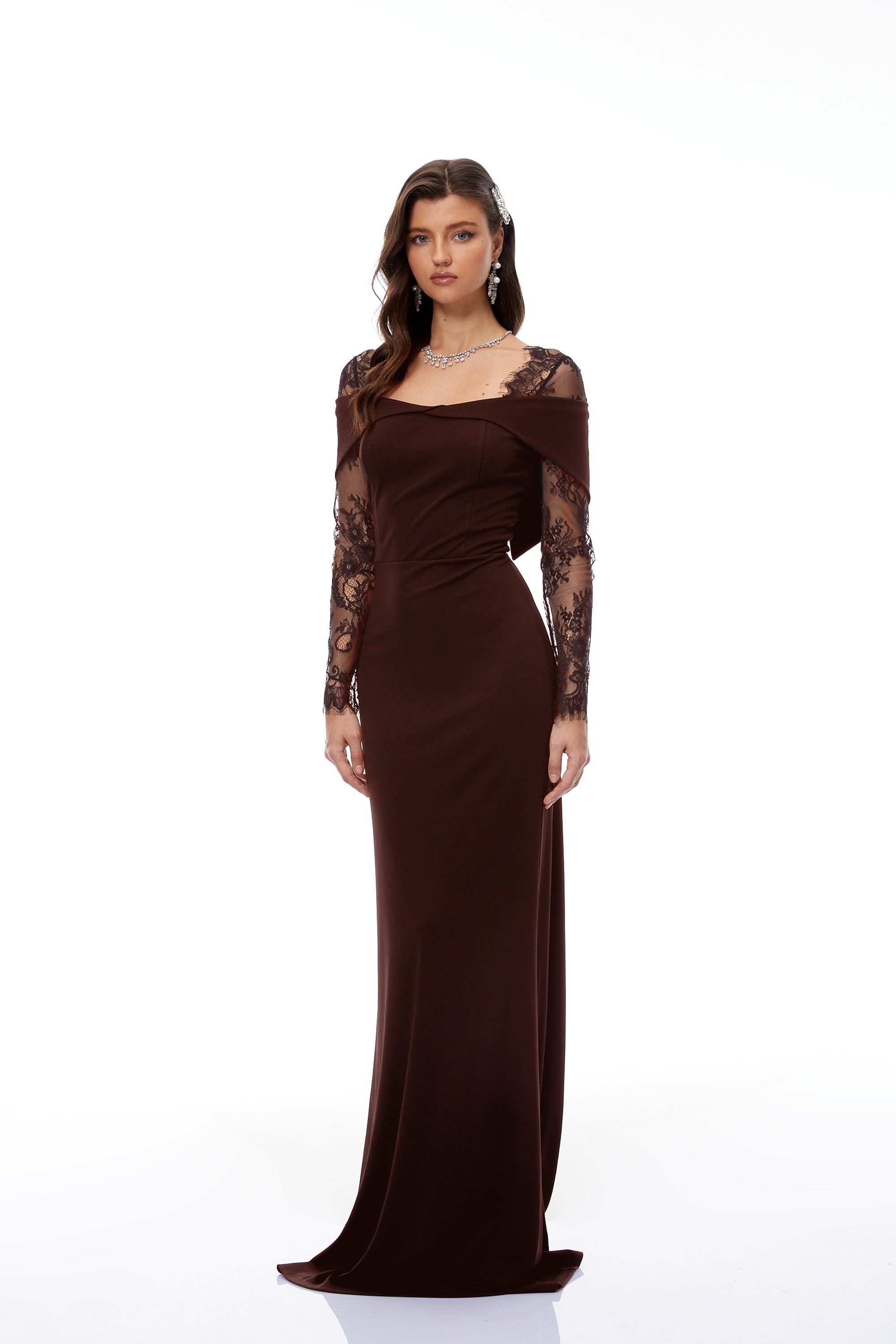 Brown Lace Panel Flared Maxi Gown
