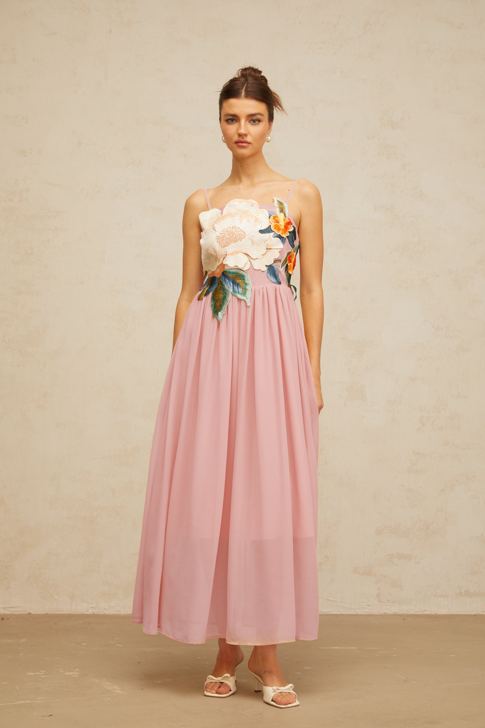 Josette floral-embroidered shirred maxi dress in Pink