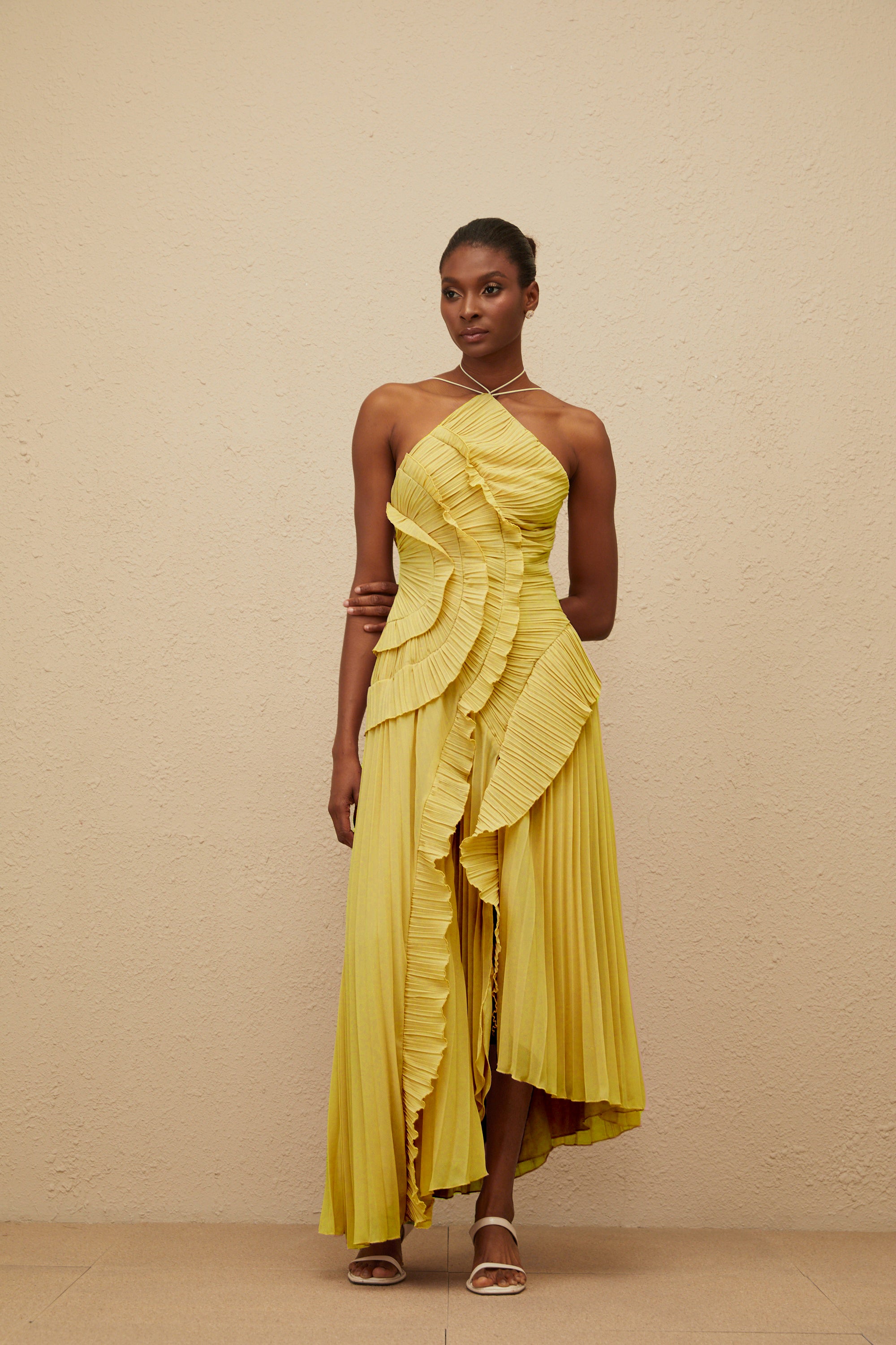 Doux Yellow Ruffled Trim Pleated Midi Dress
