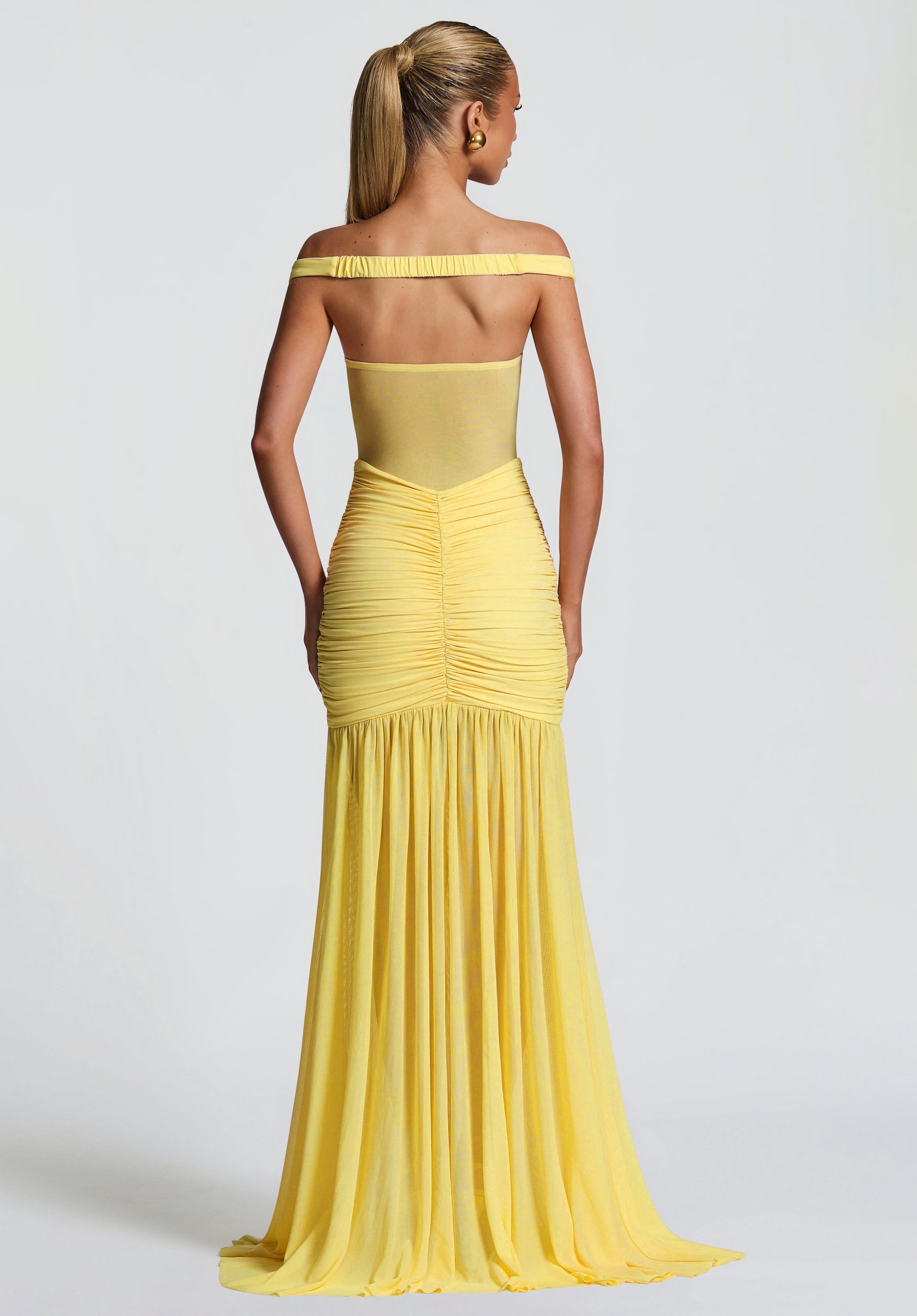Geneviève Yellow Off Shoulder Ruched Maxi Dress