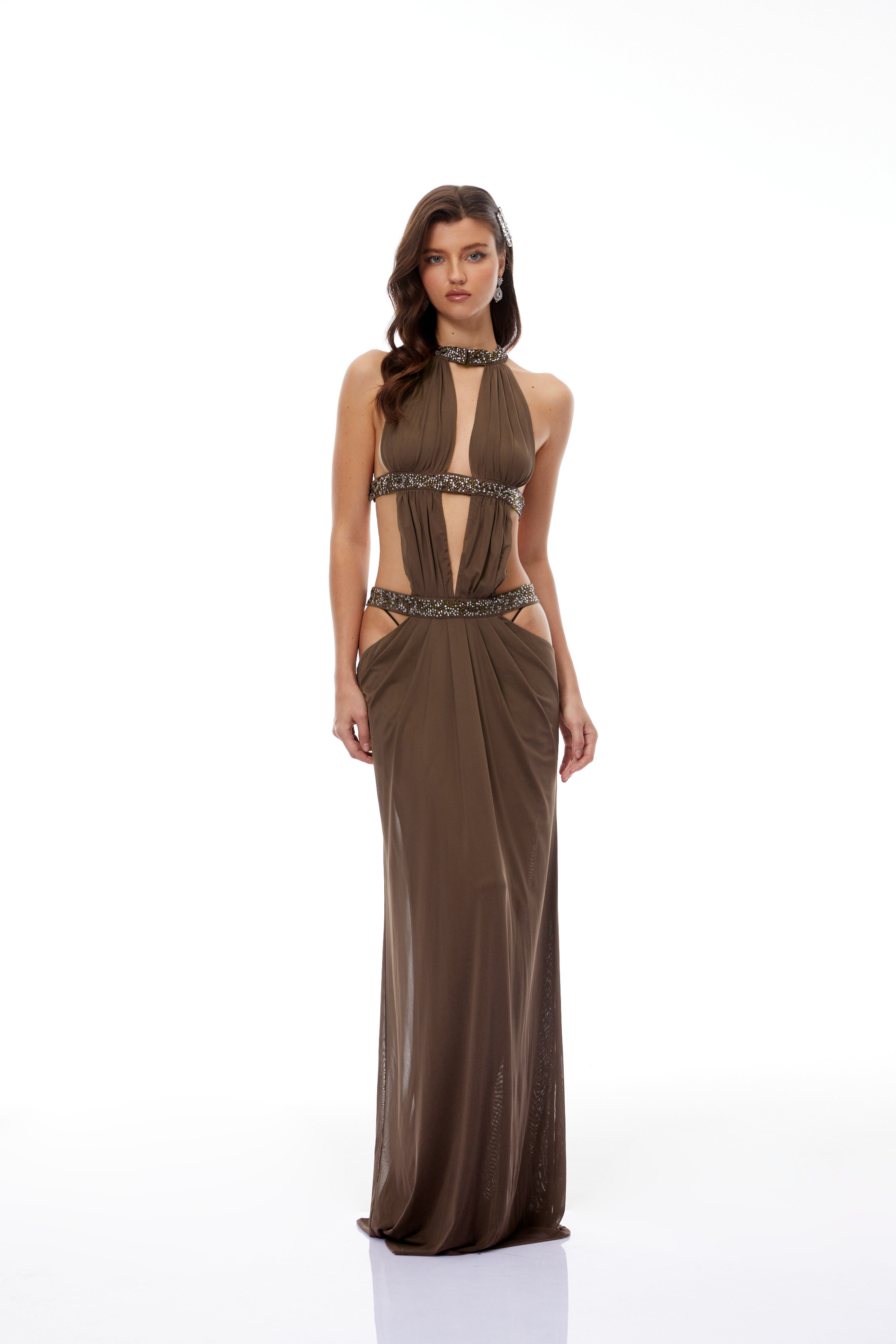 Brown Cut-out Ruched Maxi Dress