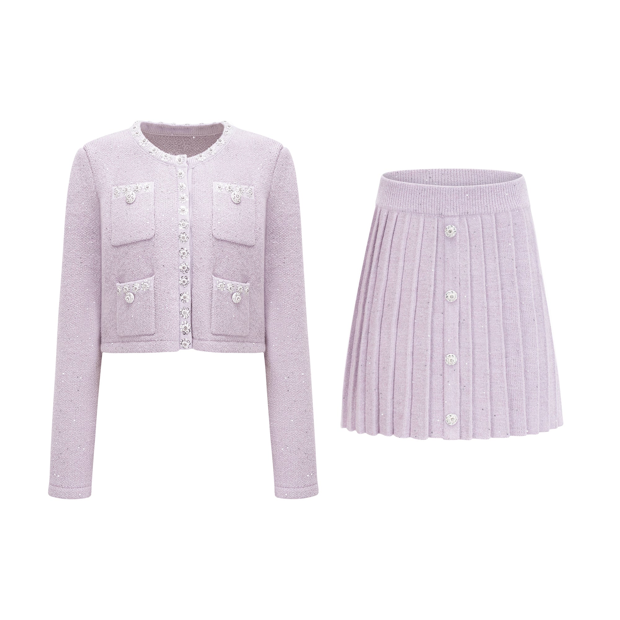 طقم جاكيت وتنورة متناسقين من Fabienne بتفاصيل الترتر باللون الأرجواني