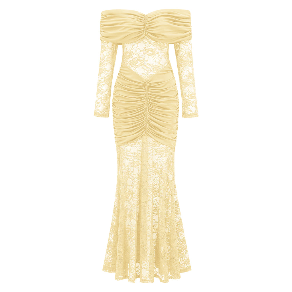 yellow lace dress long sleeve Brigitte Yellow Lace Panel Ruched Maxi Dress, M / Yellow