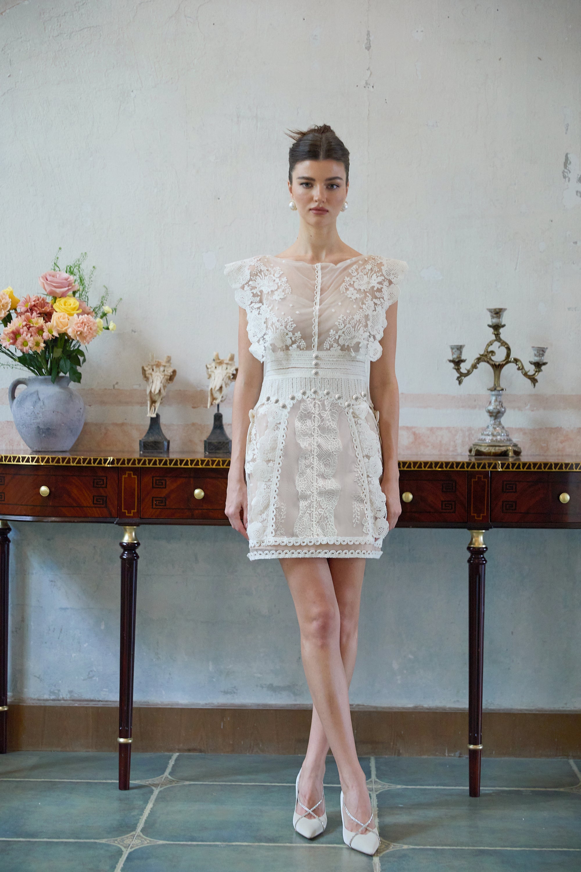 Maïa white floral-embroidered lace mini dress