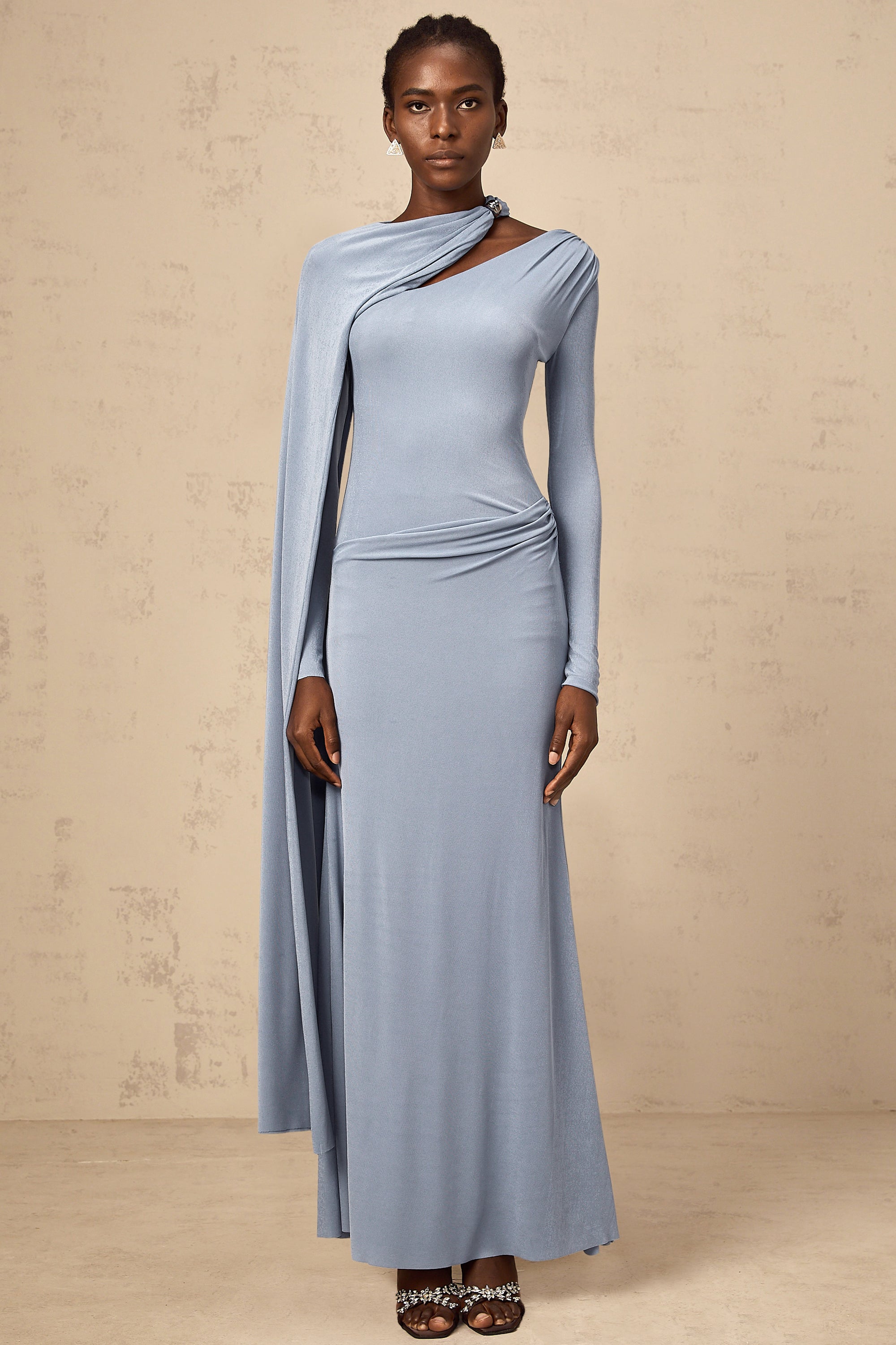 Josette Blue Diagonal Shawl Fitted Maxi Dress