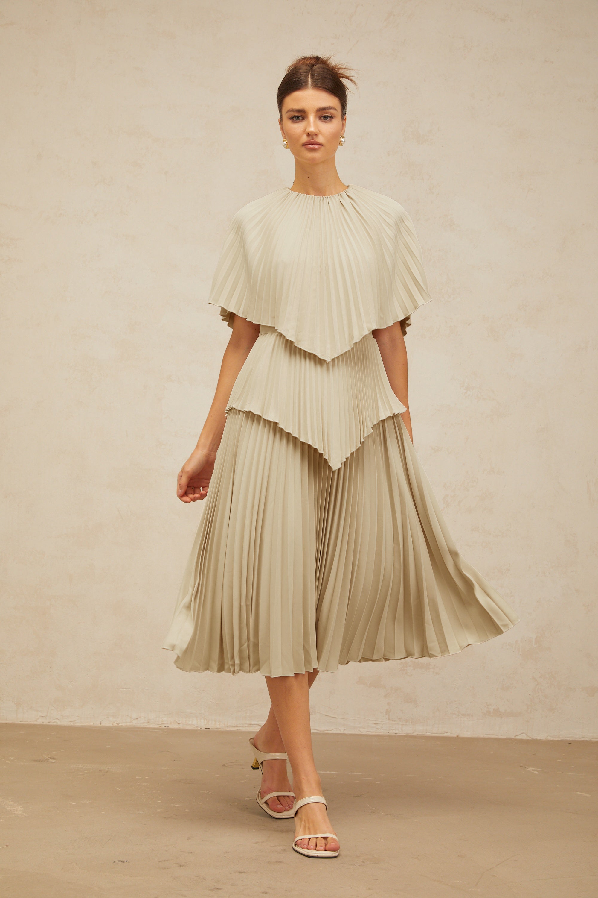 Héloïse neutrals cape pleated midi dress