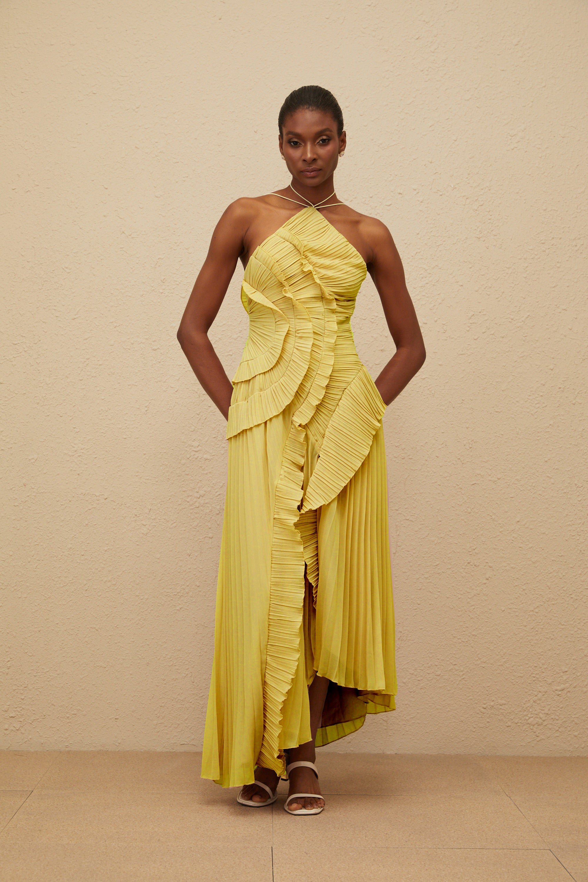 Doux Yellow Ruffled Trim Pleated Midi Dress