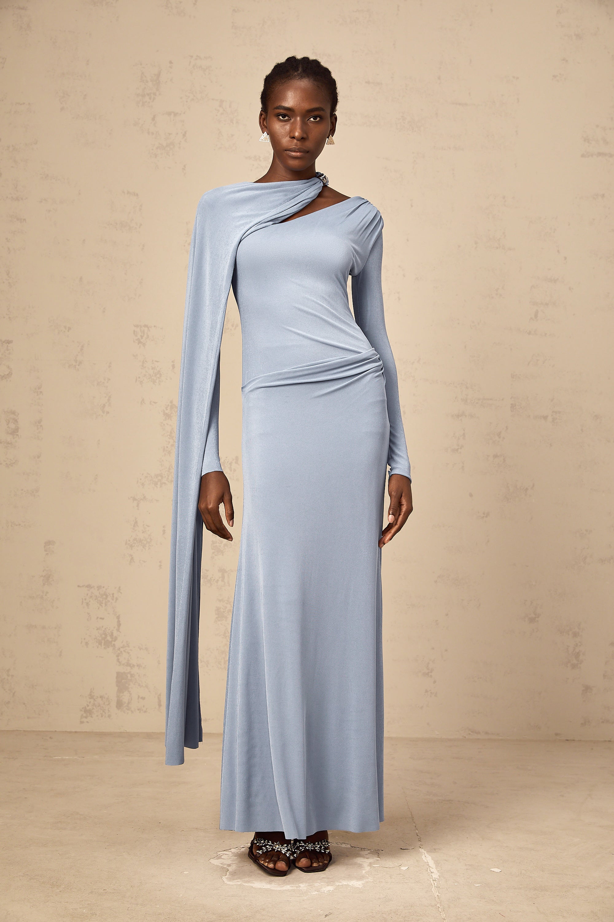 Josette Blue Diagonal Shawl Fitted Maxi Dress
