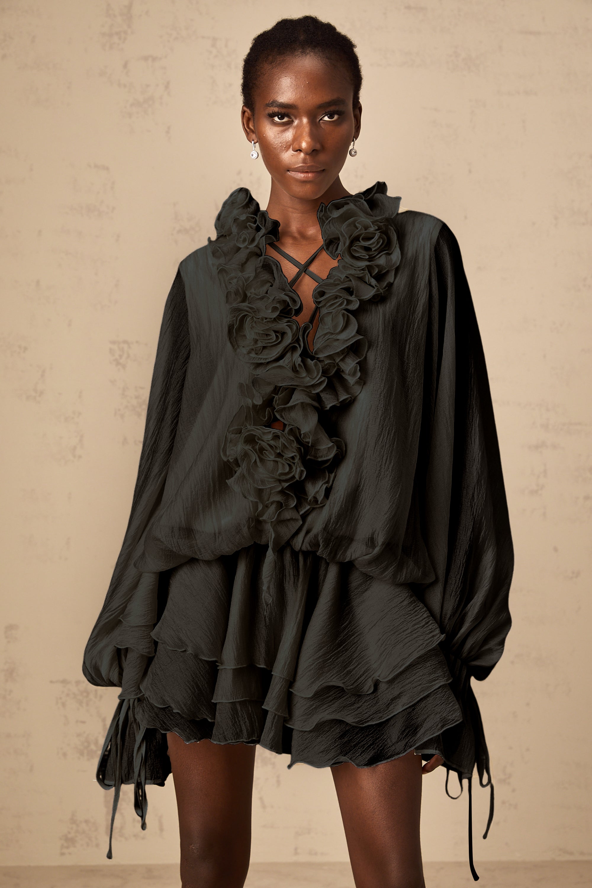 Zéphyrine floral-appliqué tiered mini dress in Black