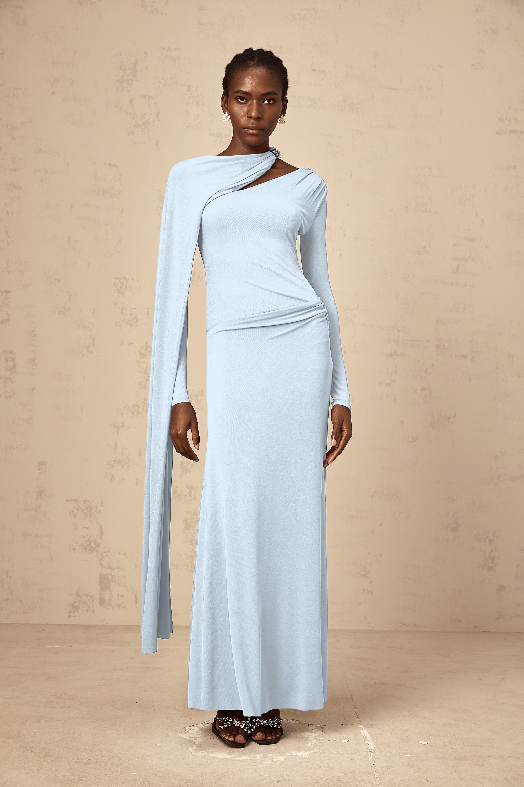 Josette Blue Diagonal Shawl Fitted Maxi Dress